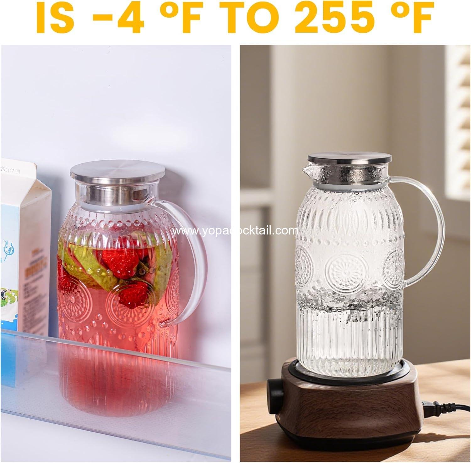 Wholesale 68 oz Glass Pitcher with Lid, 2 Pack Vintage Carafe for Cold Brew, Coffee, Lemonade, Iced Tea, Heat Resistant Jug - Supplier