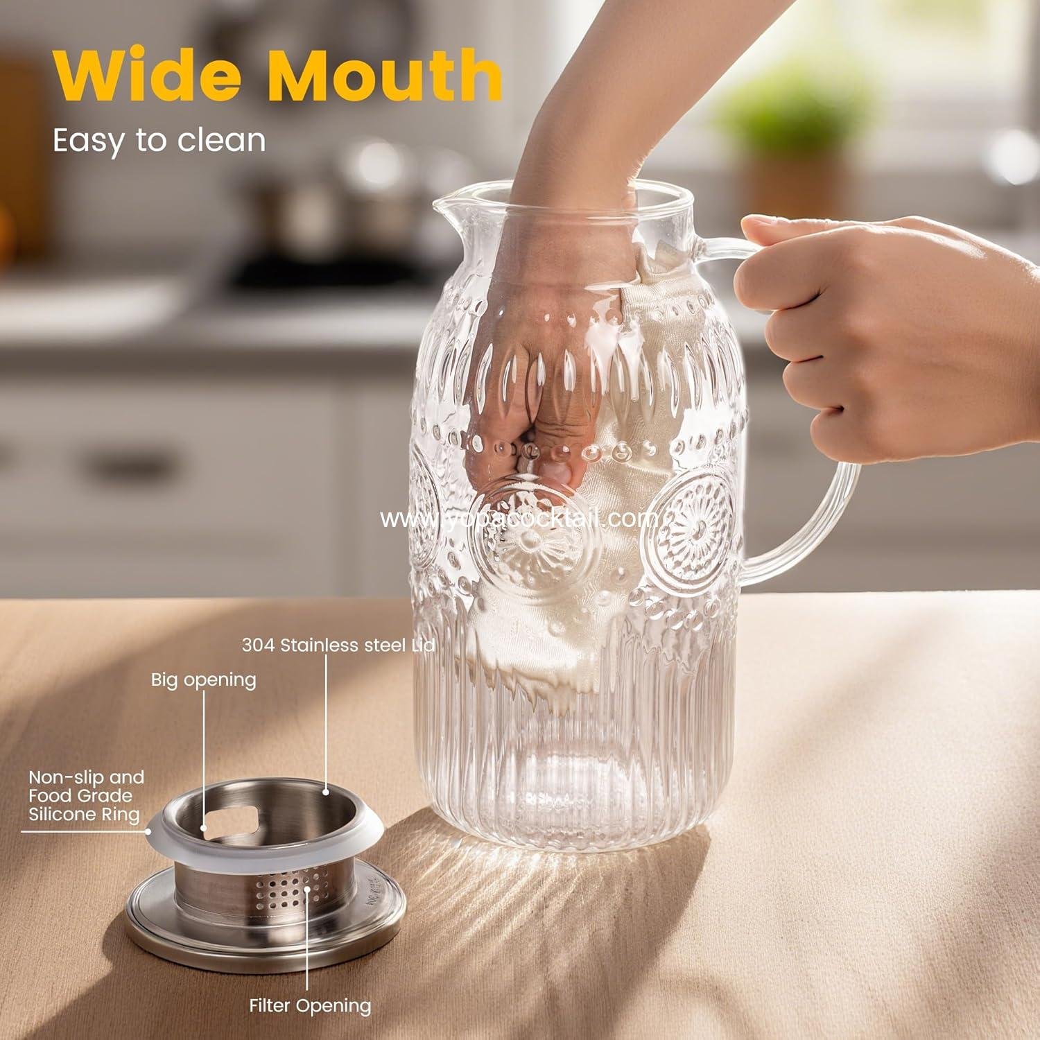 Wholesale 68 oz Glass Pitcher with Lid, 2 Pack Vintage Carafe for Cold Brew, Coffee, Lemonade, Iced Tea, Heat Resistant Jug - Supplier
