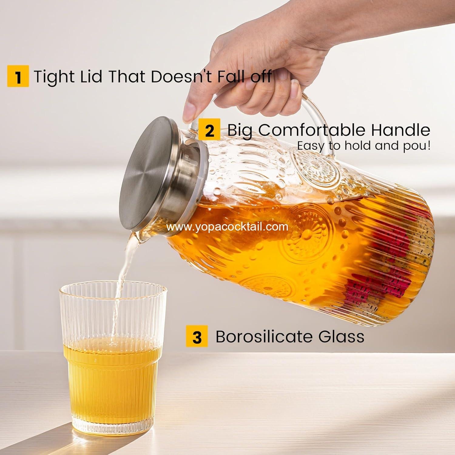 Wholesale 68 oz Glass Pitcher with Lid, 2 Pack Vintage Carafe for Cold Brew, Coffee, Lemonade, Iced Tea, Heat Resistant Jug - Supplier