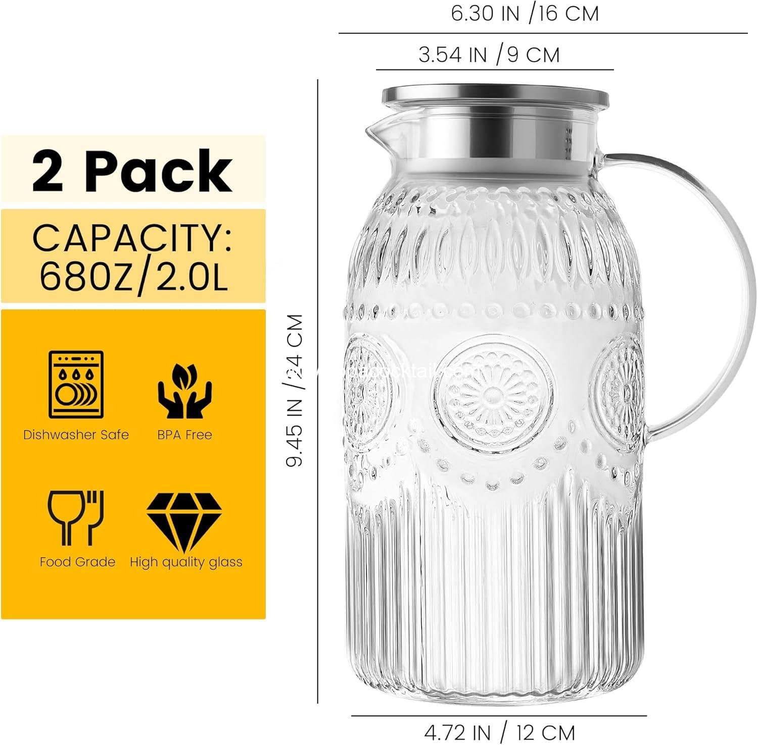 Wholesale 68 oz Glass Pitcher with Lid, 2 Pack Vintage Carafe for Cold Brew, Coffee, Lemonade, Iced Tea, Heat Resistant Jug - Supplier