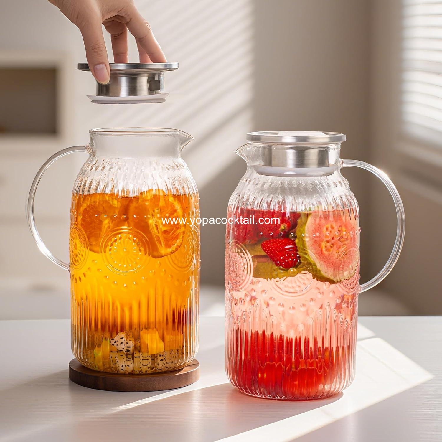 Wholesale 68 oz Glass Pitcher with Lid, 2 Pack Vintage Carafe for Cold Brew, Coffee, Lemonade, Iced Tea, Heat Resistant Jug - Supplier