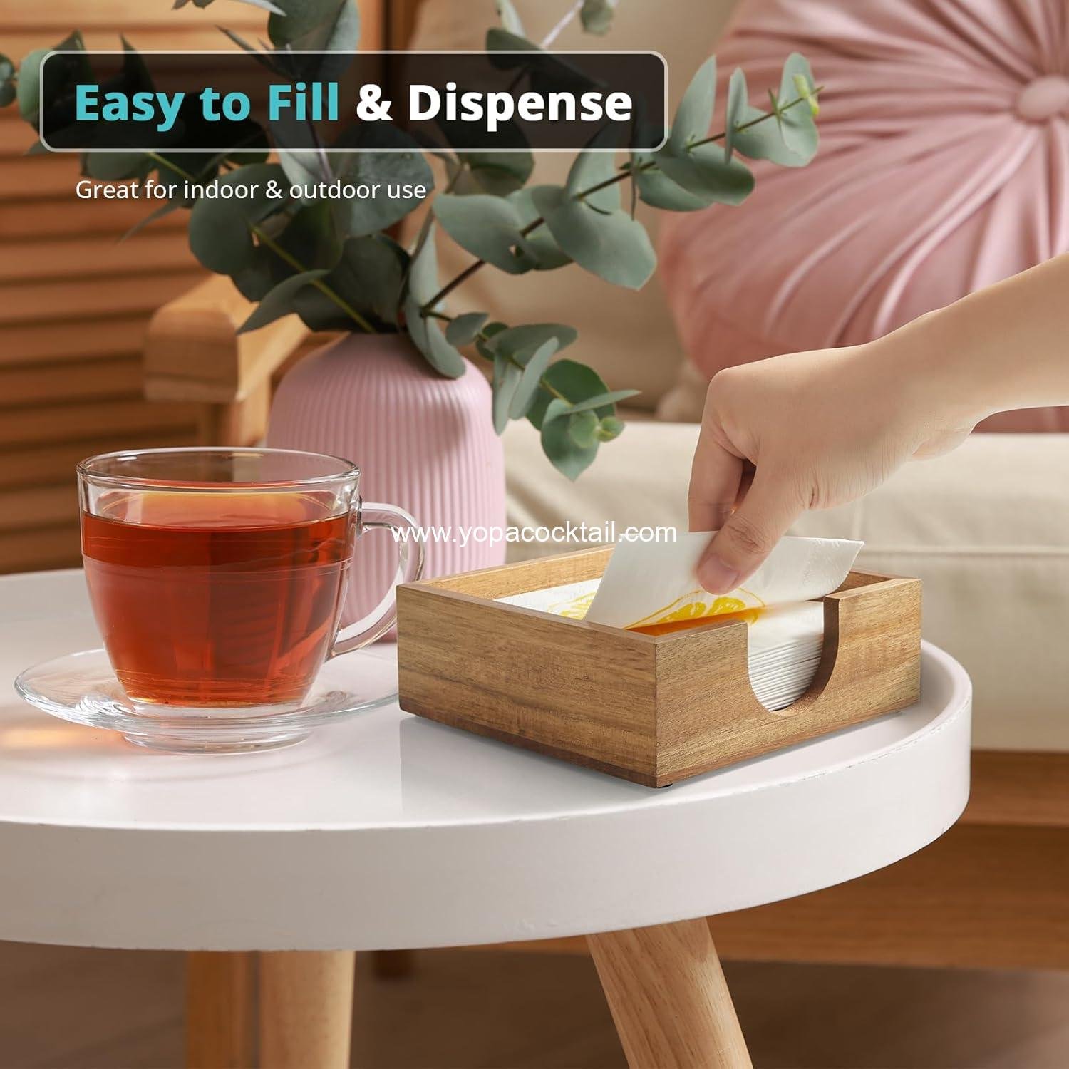 Wholesale Acacia Wood Cocktail Napkin Holder for 5x5 inch Napkins, Square Caddy for Bar, Party, Dinner, Kitchen, Bathroom - Supplier Wholesale Acacia Wood Cocktail Napkin Holder for 5x5 inch Napkins, Square Caddy for Bar, Party, Dinner, Kitchen, Bathroom - Supplier