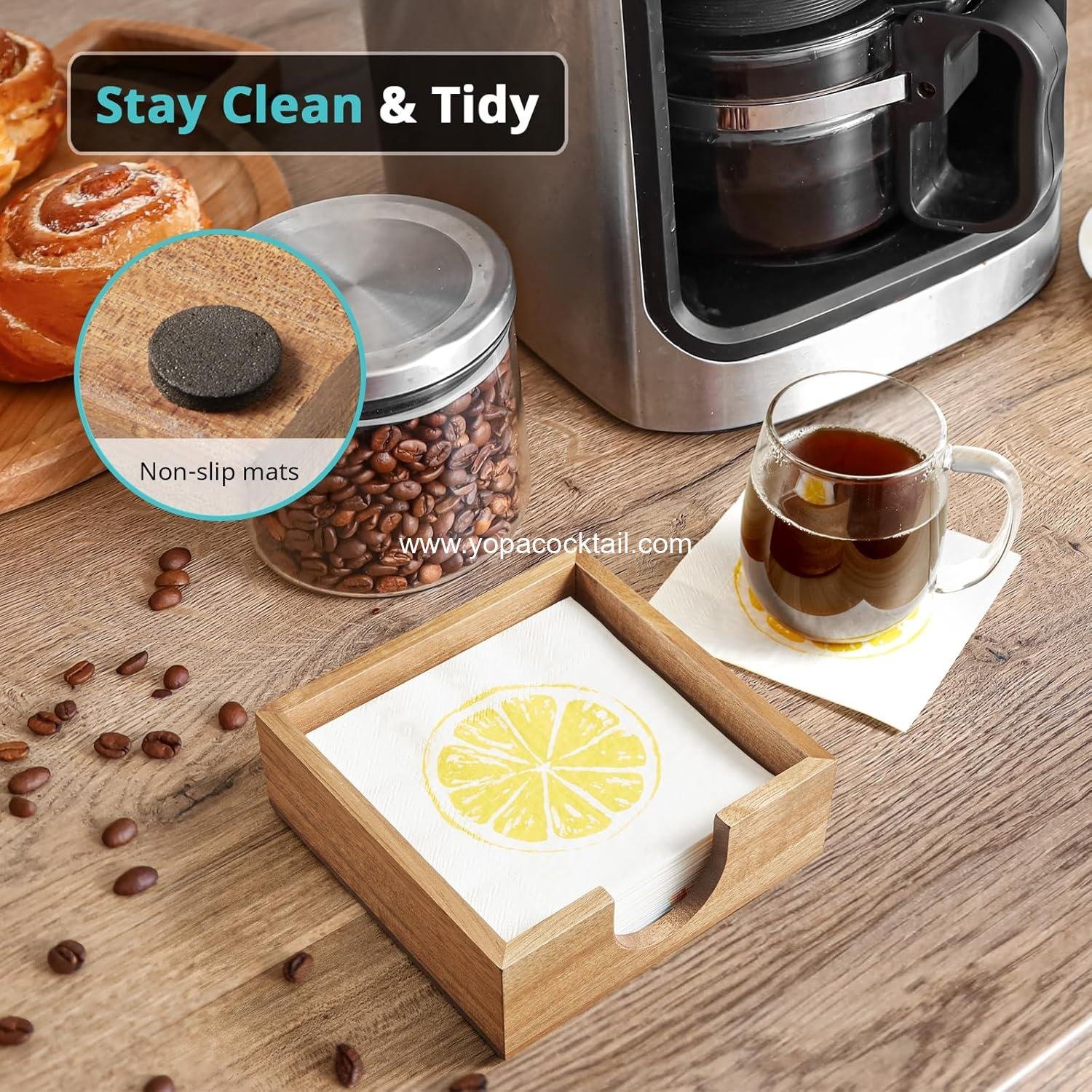 Wholesale Acacia Wood Cocktail Napkin Holder for 5x5 inch Napkins, Square Caddy for Bar, Party, Dinner, Kitchen, Bathroom - Supplier Wholesale Acacia Wood Cocktail Napkin Holder for 5x5 inch Napkins, Square Caddy for Bar, Party, Dinner, Kitchen, Bathroom - Supplier