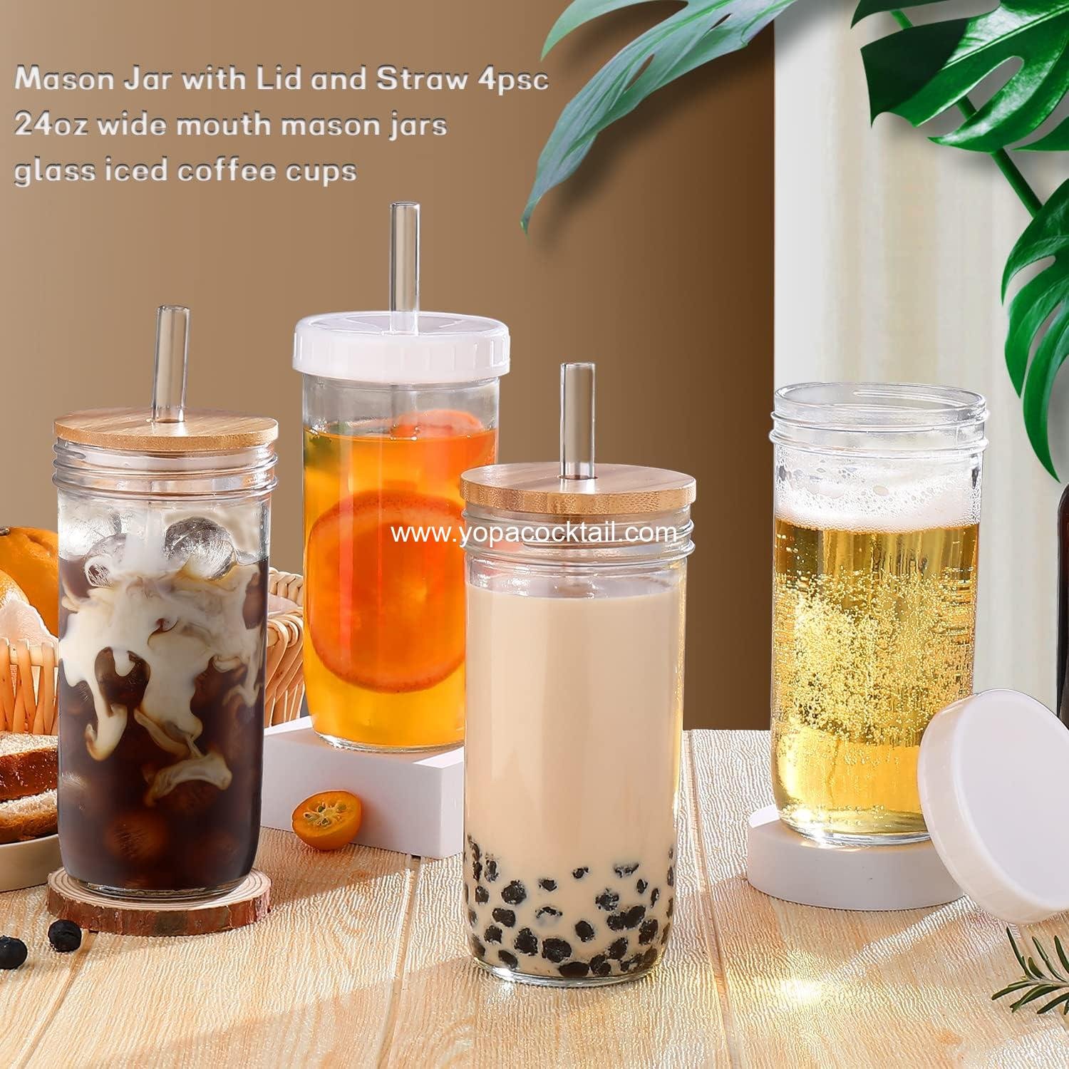 Wholesale 24 oz Glass Cups with Lids and Straws - Smoothie Cup, Boba Mason Jar, Matcha Cup, Wide Mouth Reusable Drinking Glasses, Iced Coffee Glasses, Set of 4 - Supplier