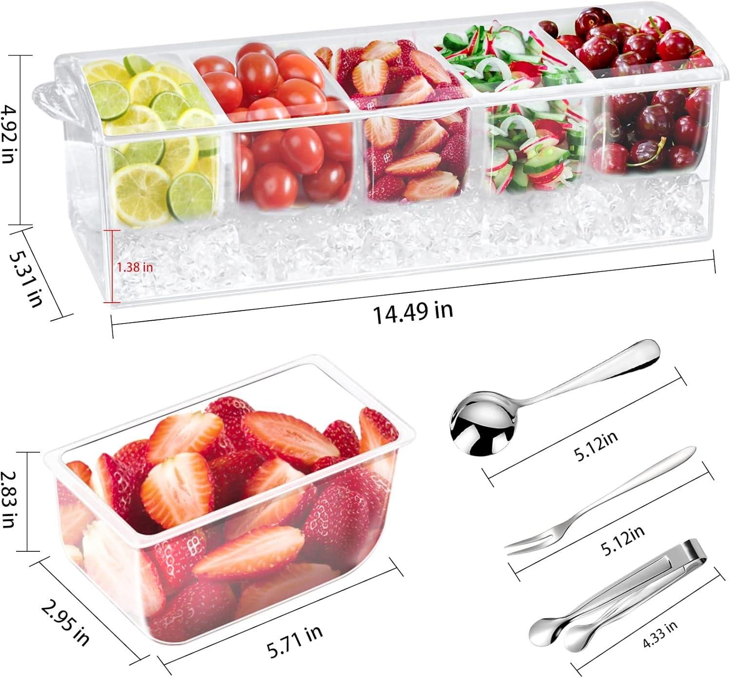 Wholesale Chilled Condiment Tray with Stainless Steel 5 Spoon, 5 Forks, and 1 Clip, Removable Trays and Lid, Bar Garnish Holder on Ice for Fruit and Salad Accessories, Supplier