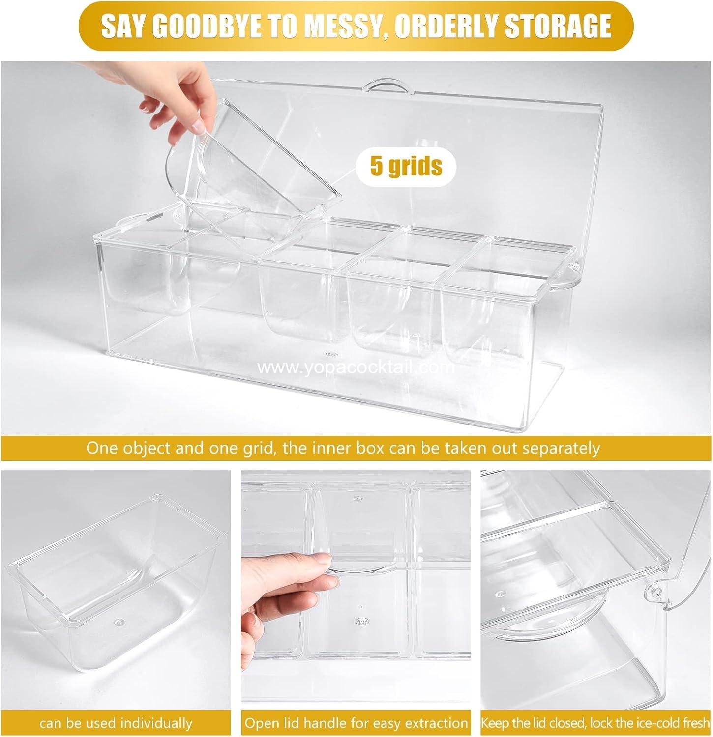 Wholesale Chilled Condiment Tray with Stainless Steel 5 Spoon, 5 Forks, and 1 Clip, Removable Trays and Lid, Bar Garnish Holder on Ice for Fruit and Salad Accessories, Supplier