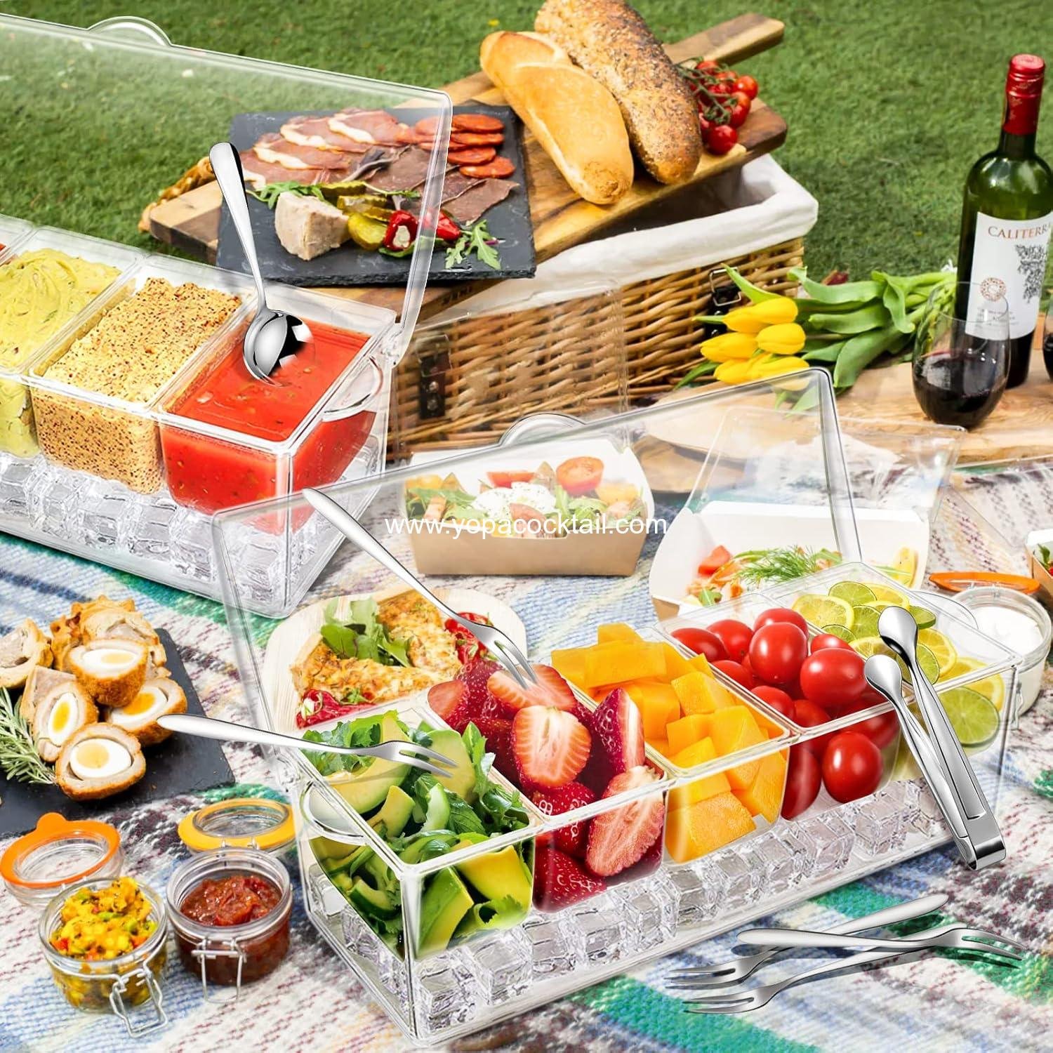 Wholesale Chilled Condiment Tray with Stainless Steel 5 Spoon, 5 Forks, and 1 Clip, Removable Trays and Lid, Bar Garnish Holder on Ice for Fruit and Salad Accessories, Supplier