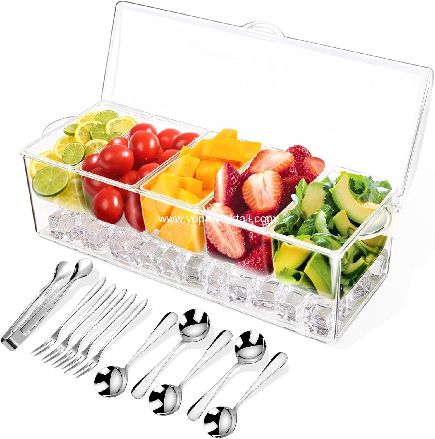 Condiment Tray with Stainless Steel 5 Spoons, 5 Forks and 1 Clip, Chilled Condiment Server, Condiment Server, Bar Garnish Holder on Ice, Bar Accessories Fruit and Salad with Removable Trays and Lid