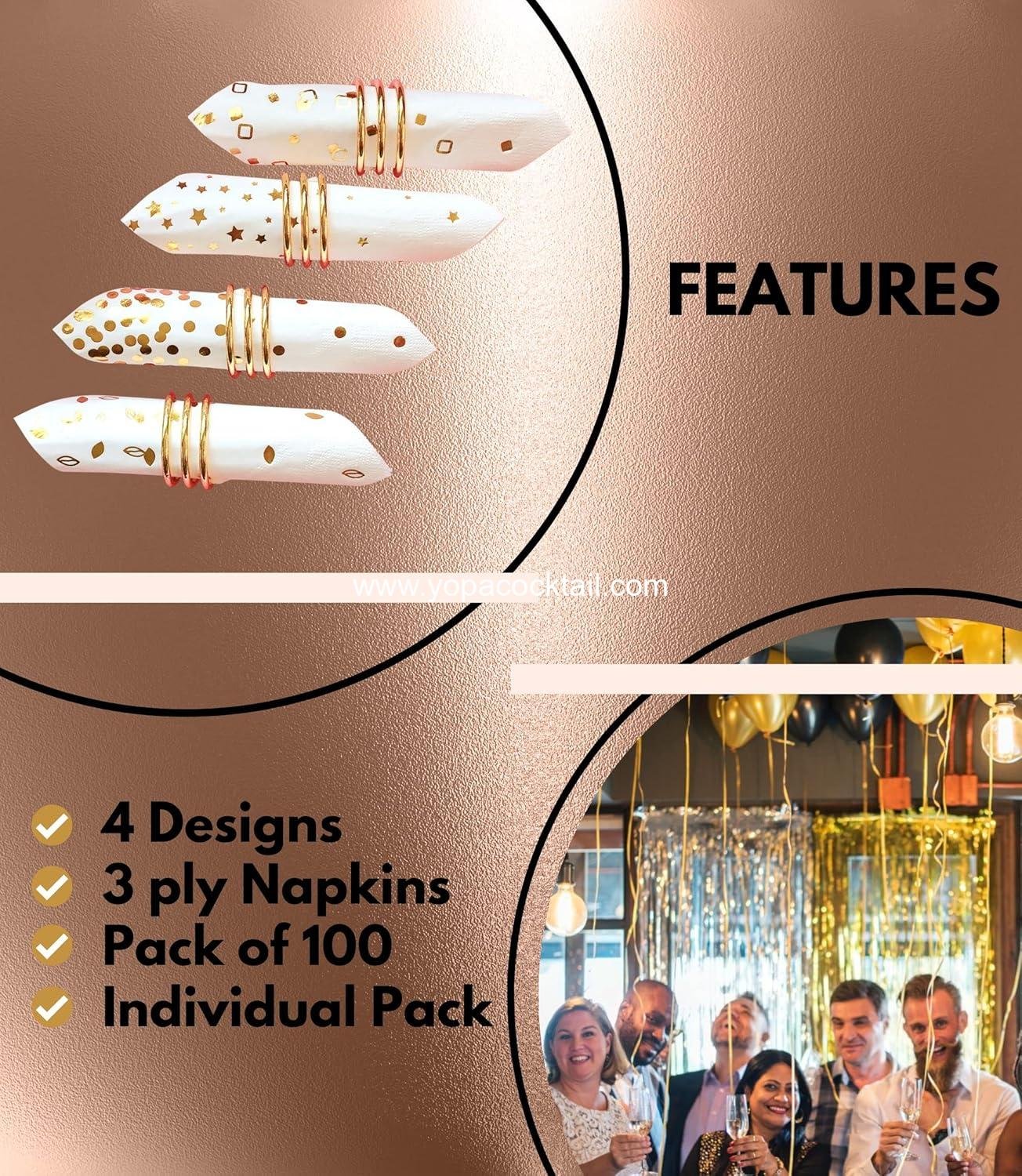 Wholesale 100 PK Gold Napkins - 4 Assorted Designs - 3-Ply Cocktail Napkins 5x5 Inches - Disposable Party and Bar Napkins for Wedding, Baby Shower, Birthday, Graduation 2023 Supplier