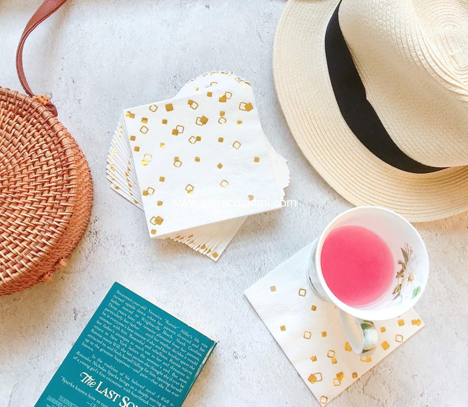 Wholesale 100 PK Gold Napkins - 4 Assorted Designs - 3-Ply Cocktail Napkins 5x5 Inches - Disposable Party and Bar Napkins for Wedding, Baby Shower, Birthday, Graduation 2023 Supplier