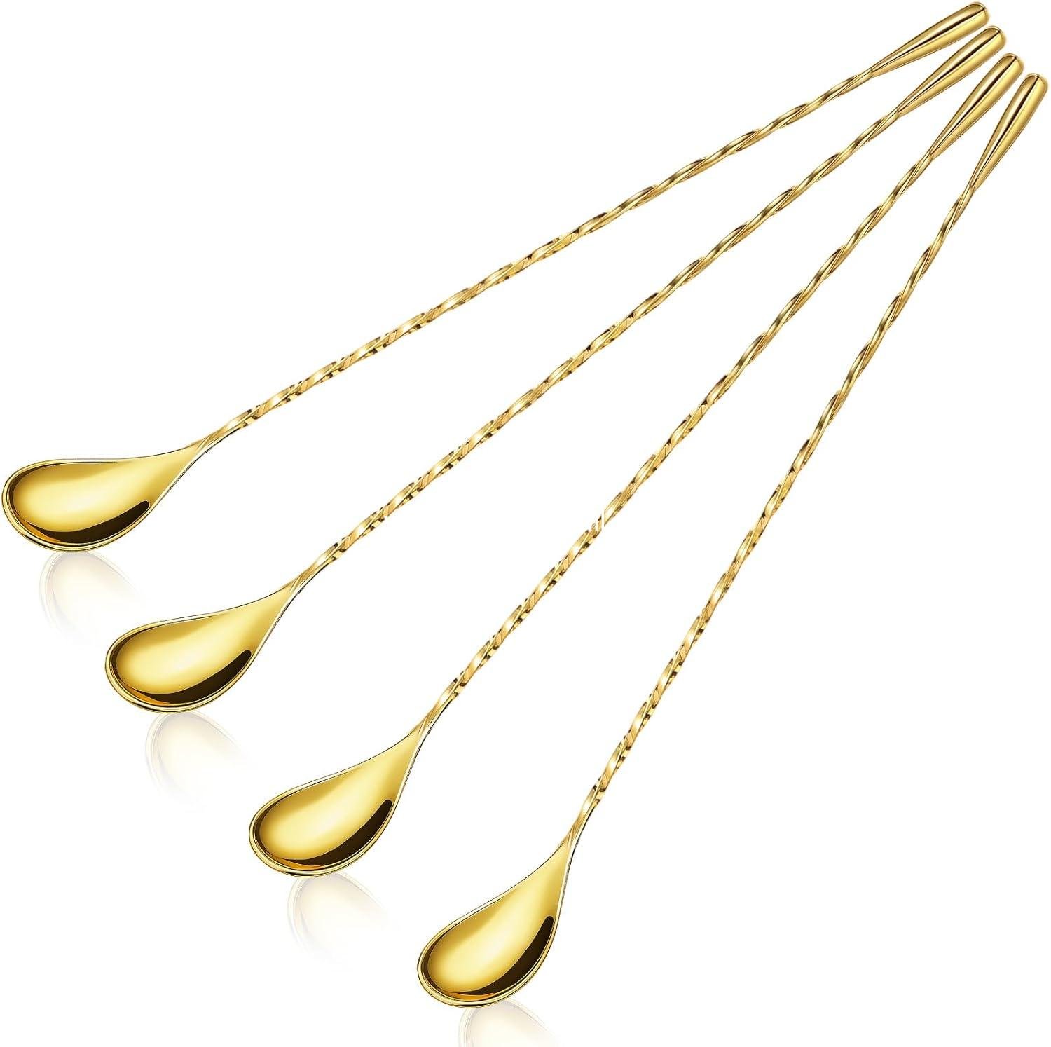 Boao 4 Pcs 12 Inch Cocktail Spoon Coffee Spoons Bar Stirring Spoon Long Handle Stainless Steel Cocktail and Coffee Mixing Tool for Homemade Barista/bartender (Golden)