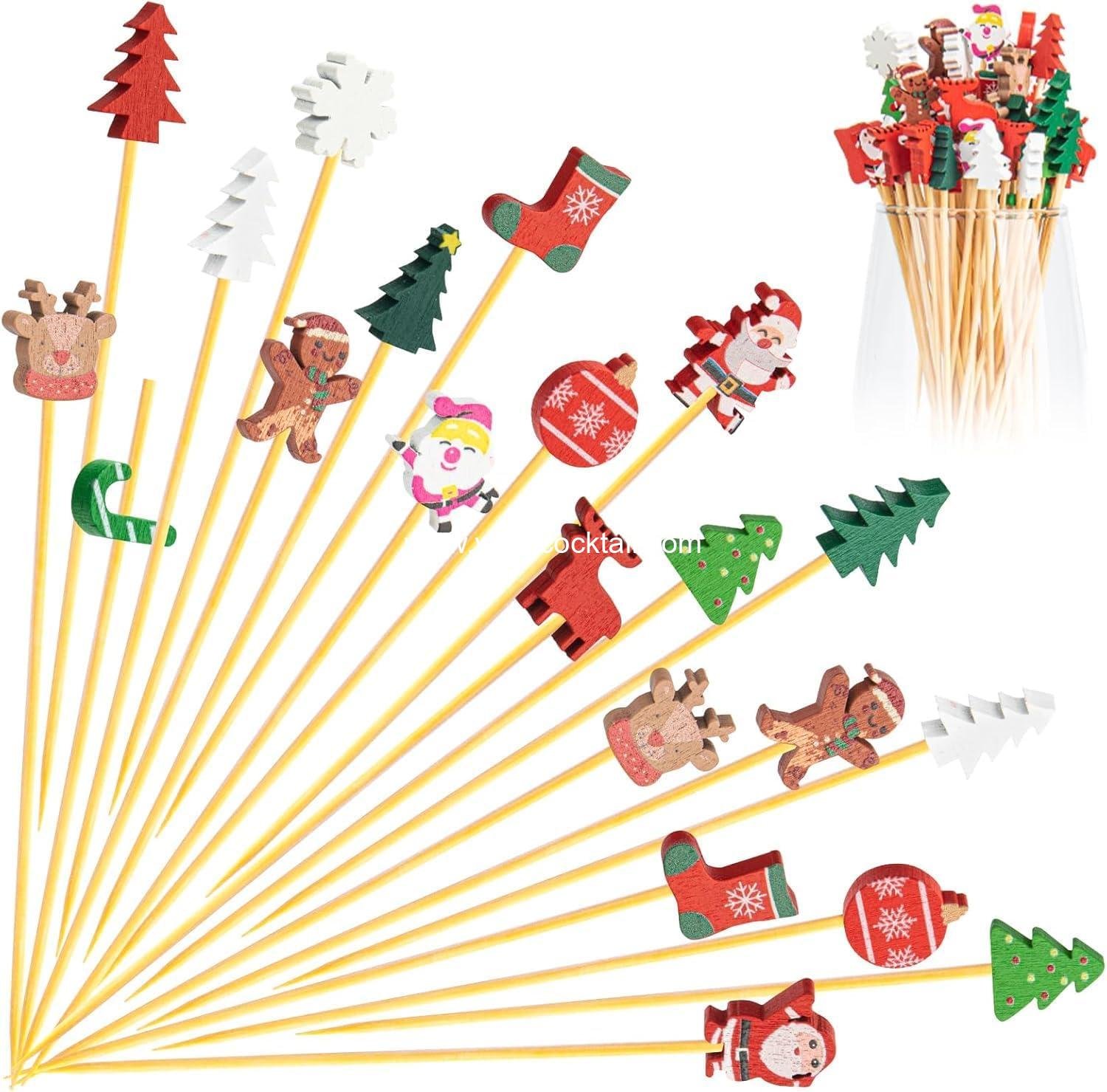 100 Pack Christmas Cocktail Picks Party Supplies, 10 Kinds of Toothpicks for Appetizers, 5.1 Inch Natural Bamboo Tree Cocktail Picks Charcuterie Drink Stirrers Skewers Holiday Decorations Decor