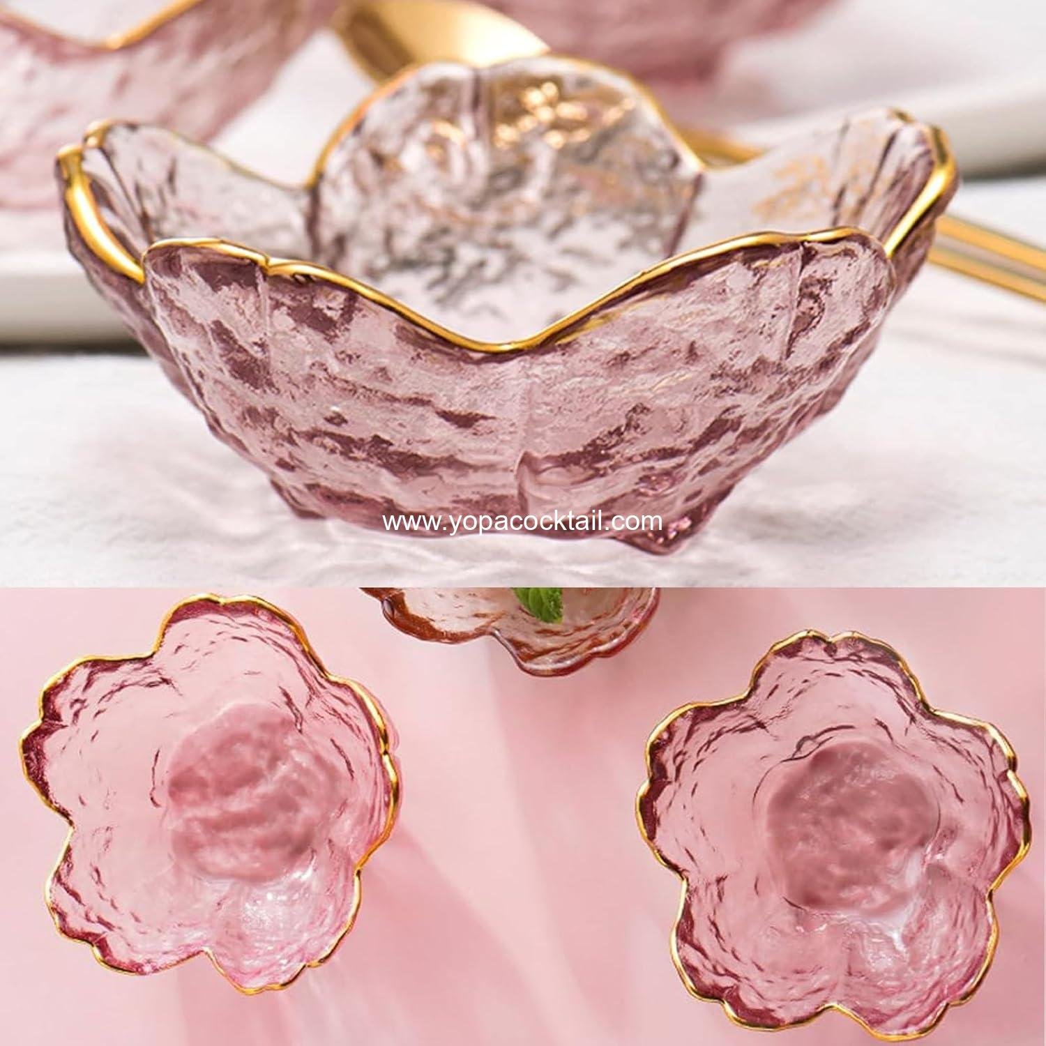 Wholesale Pink Cherry Flower Crystal Glass Appetizer Plates, 6-Piece Set with Gold Rim, Mini Dipping Bowls for Ice Cream and Sushi, Ideal for Charcuterie Board - Supplier