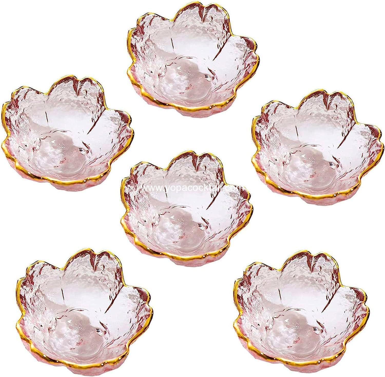 Seasoning bowls with gold rim,6 pcs Pink Cherry Flower Crystal Glass Appetizer Plates dipping bowls ice cream Sushi,pink glass plates mini for charcuterie board (Phnom Penh)