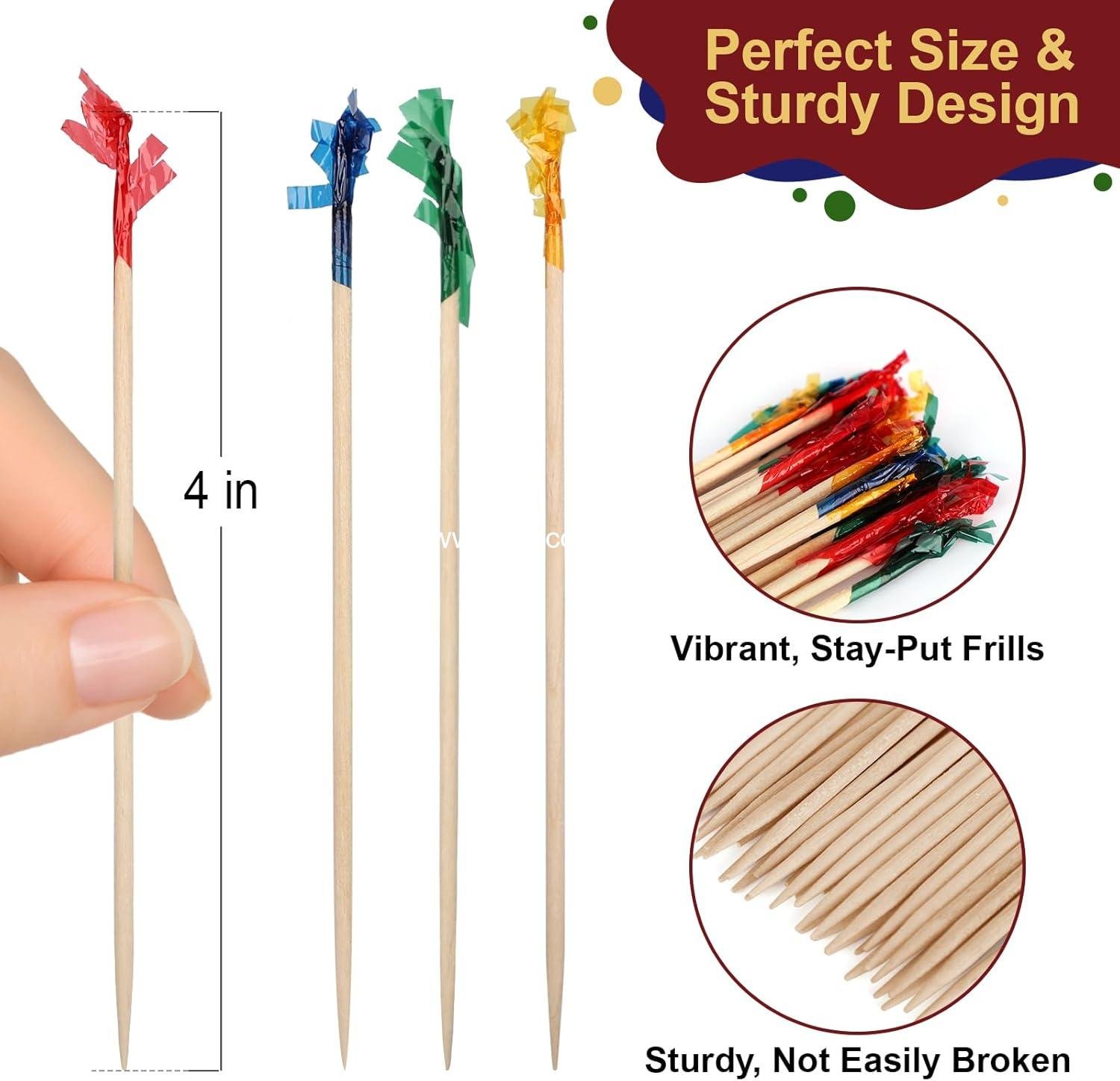 Wholesale Colored Frill Wooden Cocktail Picks - 4 Inch Decorative Bamboo Skewers for Appetizers, Sandwiches, Drinks, and Fruits - Charcuterie Board Accessories - 500 Count Supplier Wholesale Colored Frill Wooden Cocktail Picks - 4 Inch Decorative Bamboo Skewers for Appetizers, Sandwiches, Drinks, and Fruits - Charcuterie Board Accessories - 500 Count Supplier