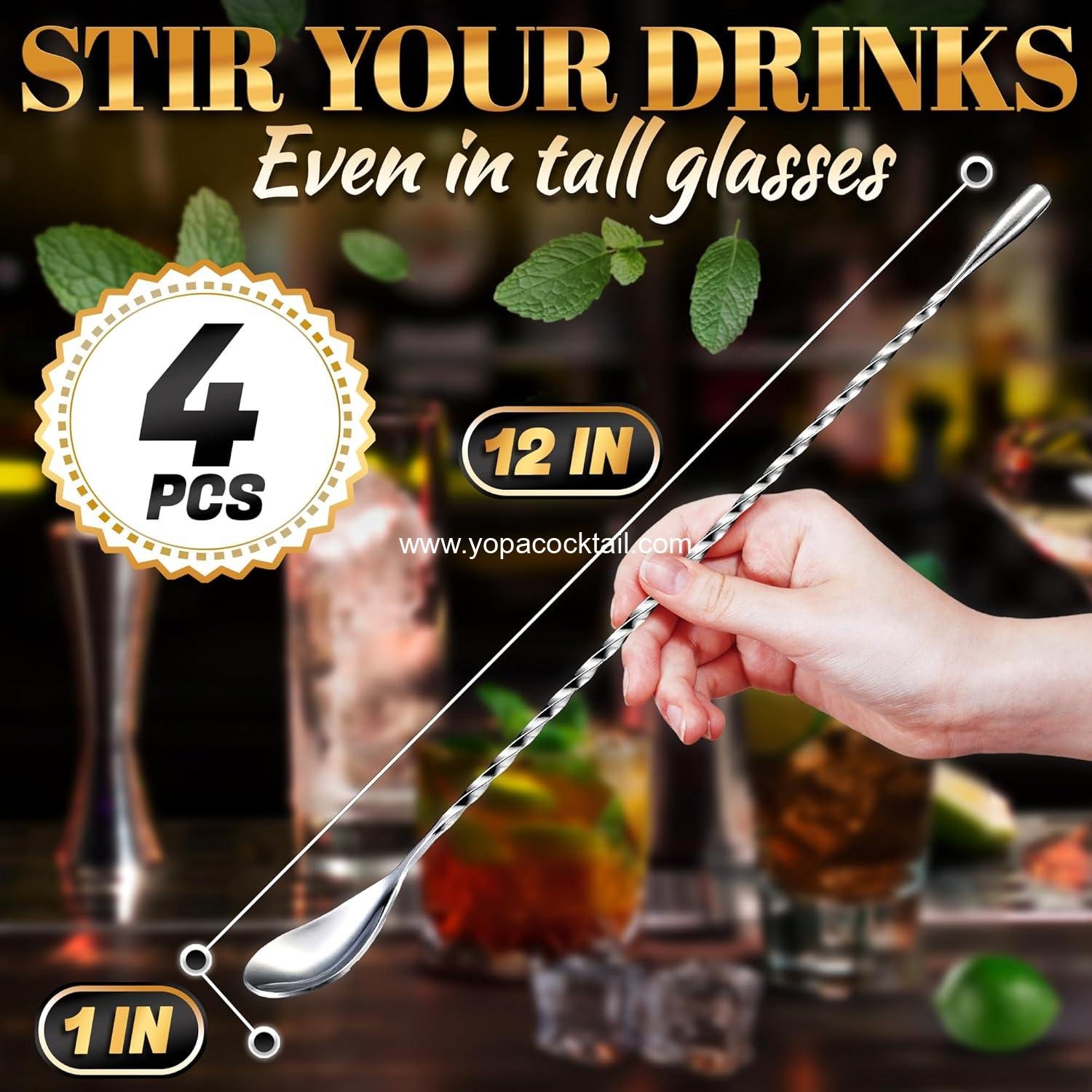 Wholesale 4 Pcs Bar Spoon Cocktail Mixing Spoon – 12-Inch Stainless Steel Stirrers with Polished Surface, Easy to Clean – Ideal for Professional and Home Use, Perfect Gift for Drink Mixing Lovers, Supplier