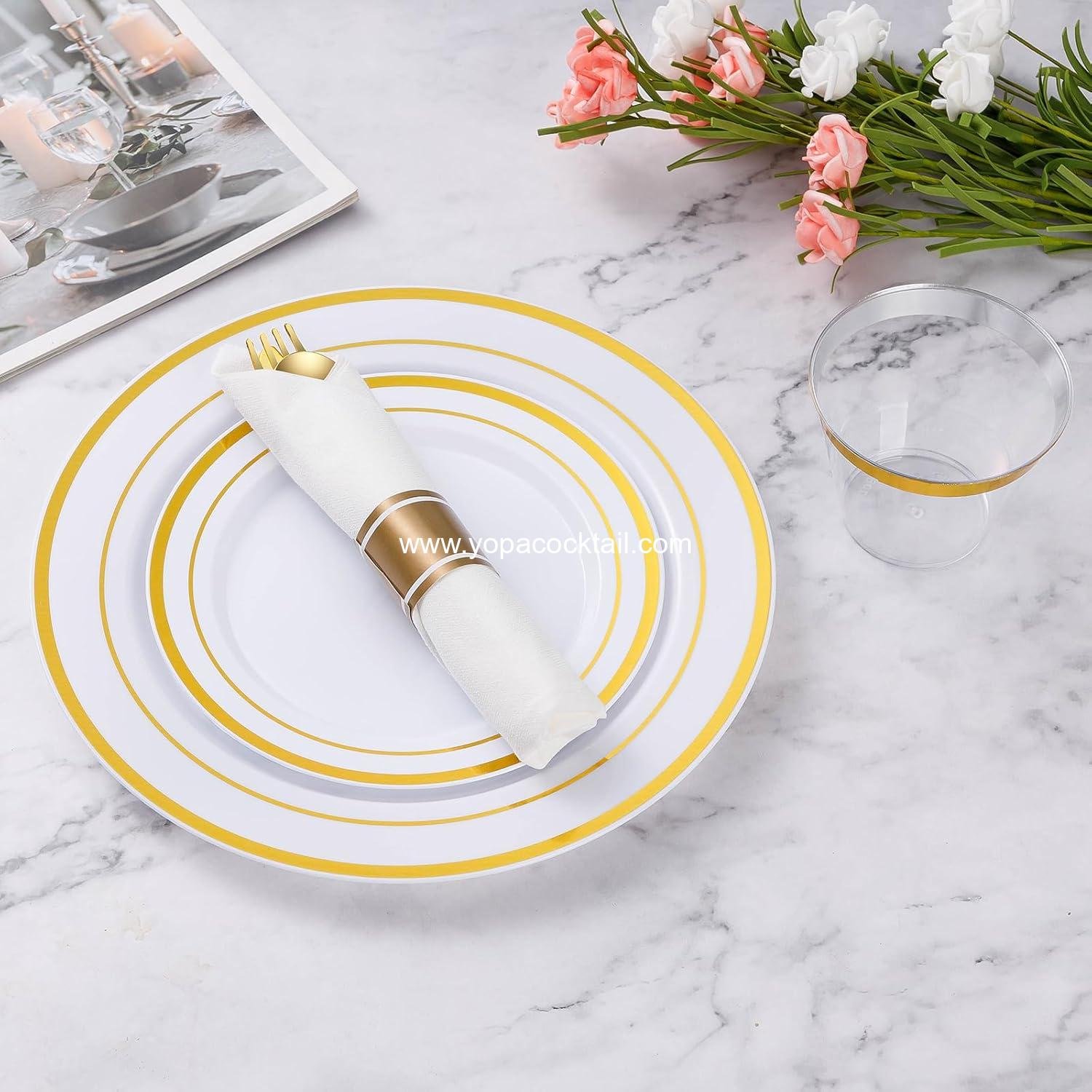 Wholesale 50 Pack Pre-Rolled Gold Plastic Silverware Set with Napkins - Includes 50 Forks, 50 Knives, 50 Spoons - Fancy Disposable Cutlery for Parties and Weddings - Supplier