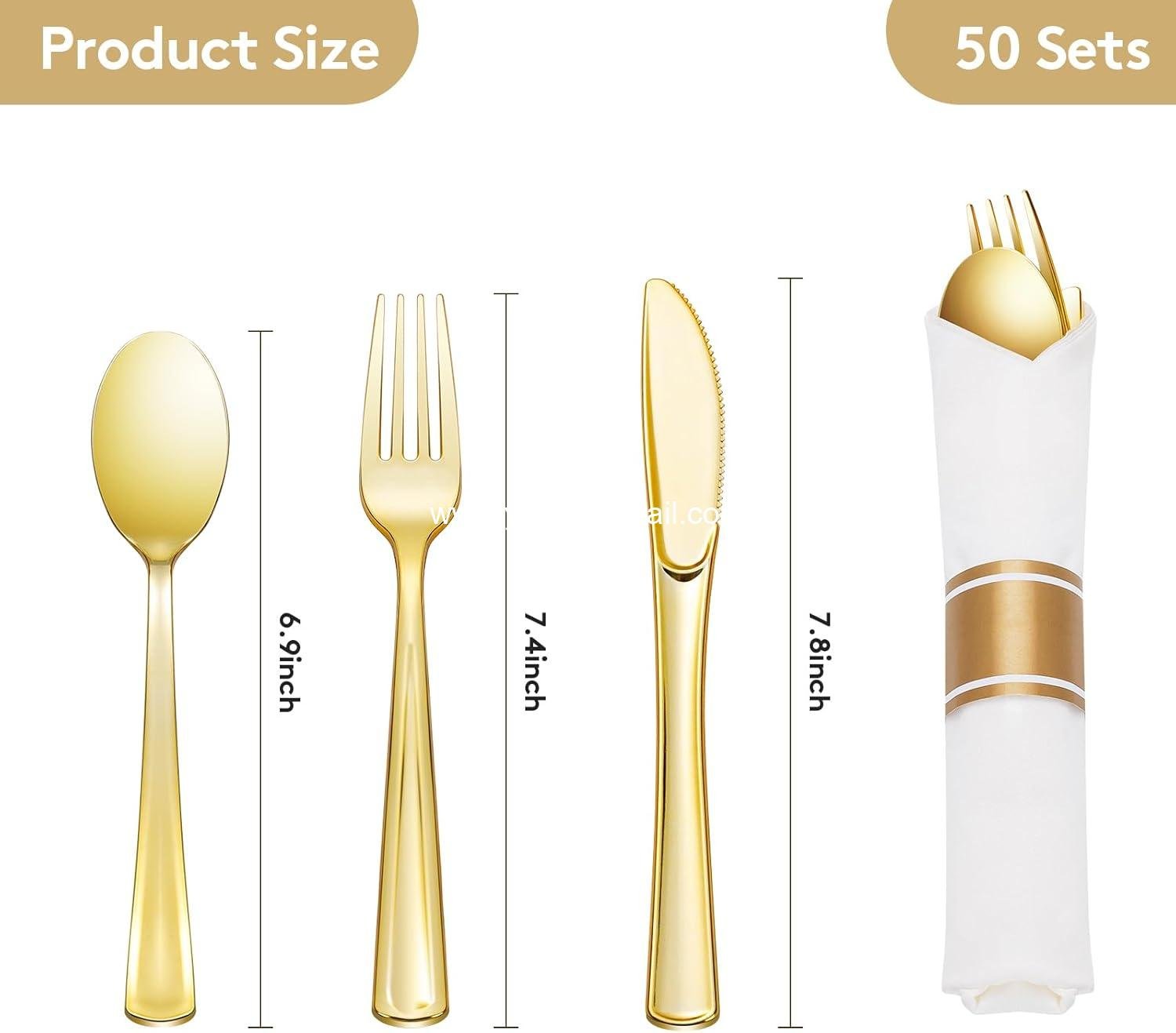 Wholesale 50 Pack Pre-Rolled Gold Plastic Silverware Set with Napkins - Includes 50 Forks, 50 Knives, 50 Spoons - Fancy Disposable Cutlery for Parties and Weddings - Supplier