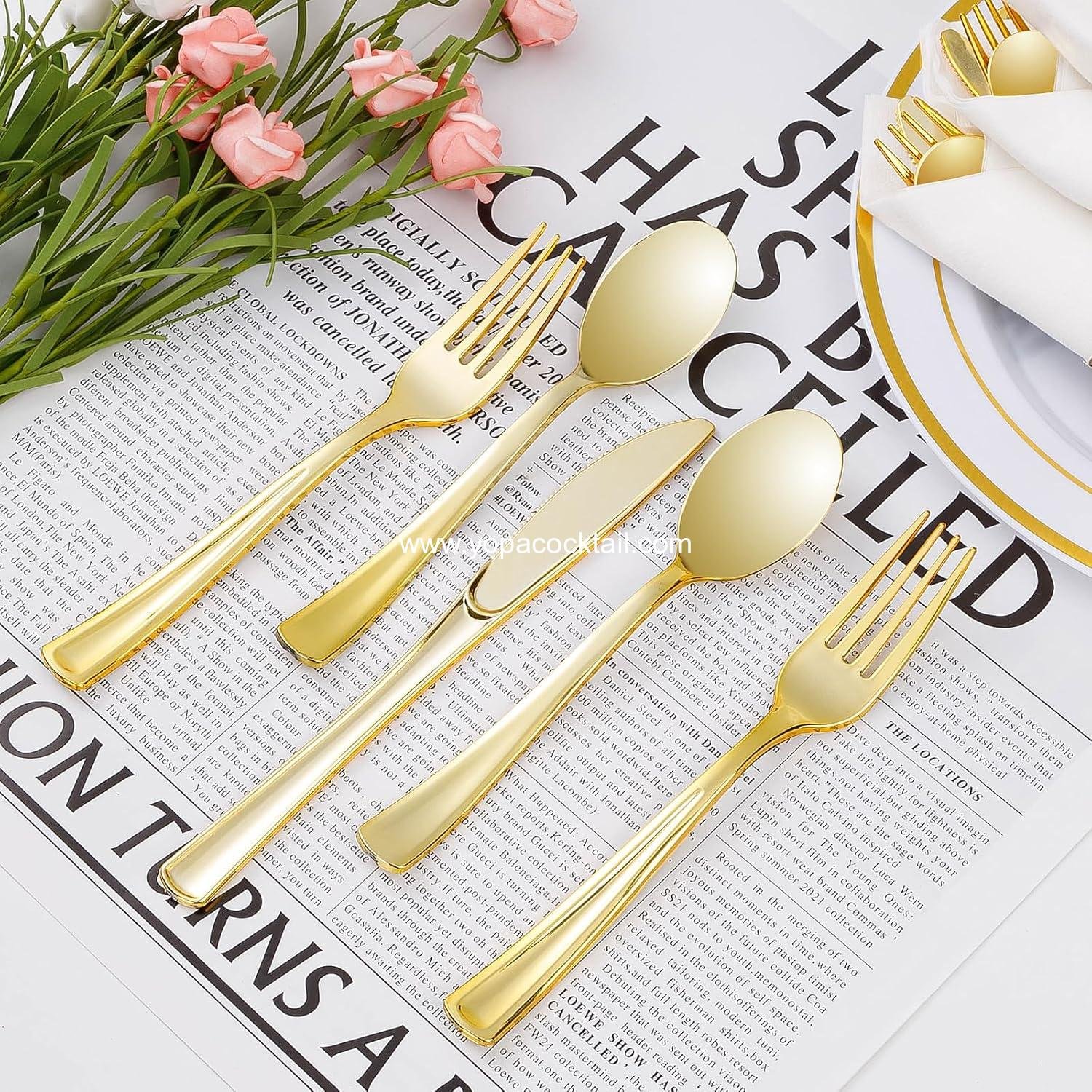 Wholesale 50 Pack Pre-Rolled Gold Plastic Silverware Set with Napkins - Includes 50 Forks, 50 Knives, 50 Spoons - Fancy Disposable Cutlery for Parties and Weddings - Supplier