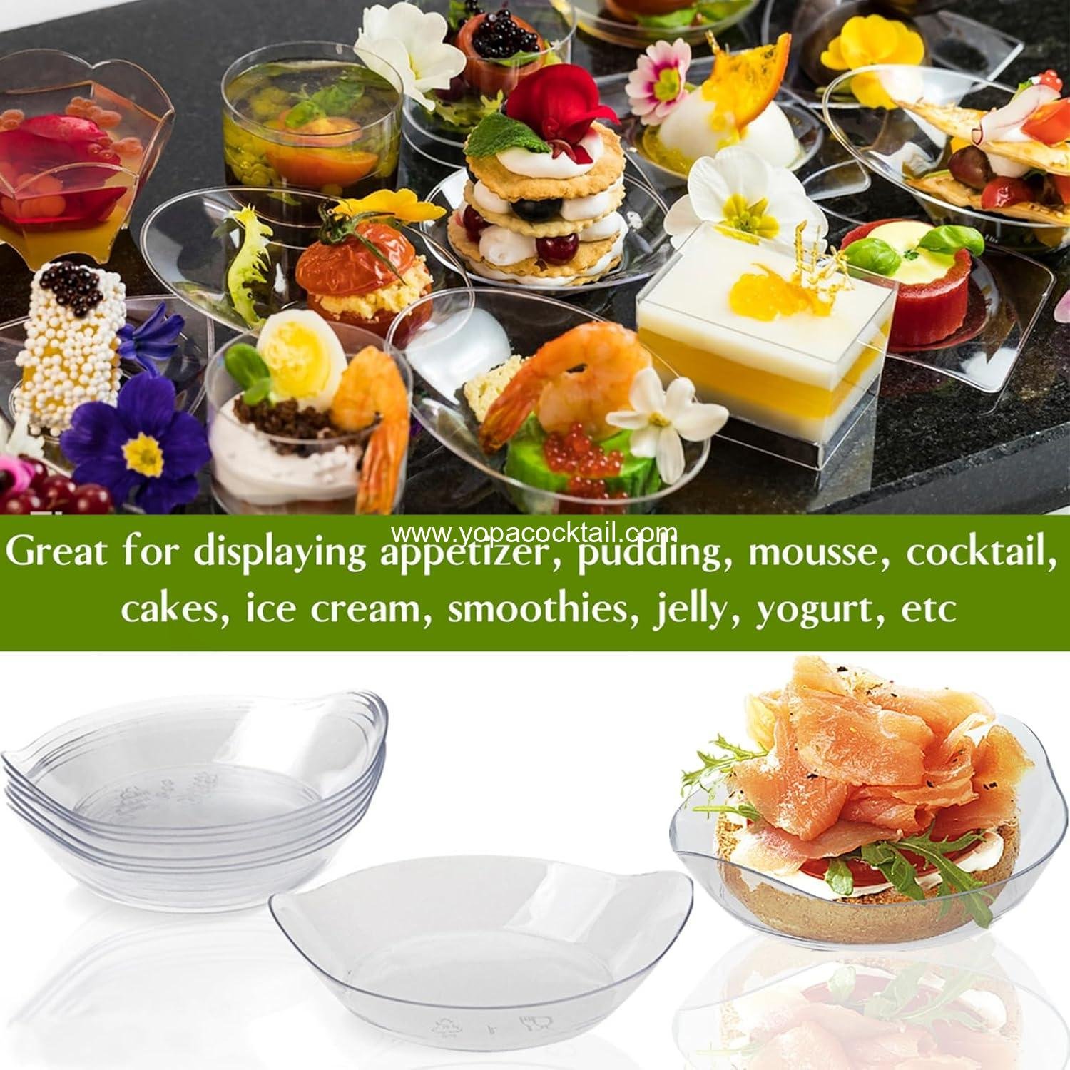 Wholesale Mini Dessert Plates with Tasting Spoons, 3-1/8 x 2-5/8 Inches Small Reusable Clear Plastic Party Serving Platters for Appetizers (Leaf Shape) Supplier Wholesale Mini Dessert Plates with Tasting Spoons, 3-1/8 x 2-5/8 Inches Small Reusable Clear Plastic Party Serving Platters for Appetizers (Leaf Shape) Supplier