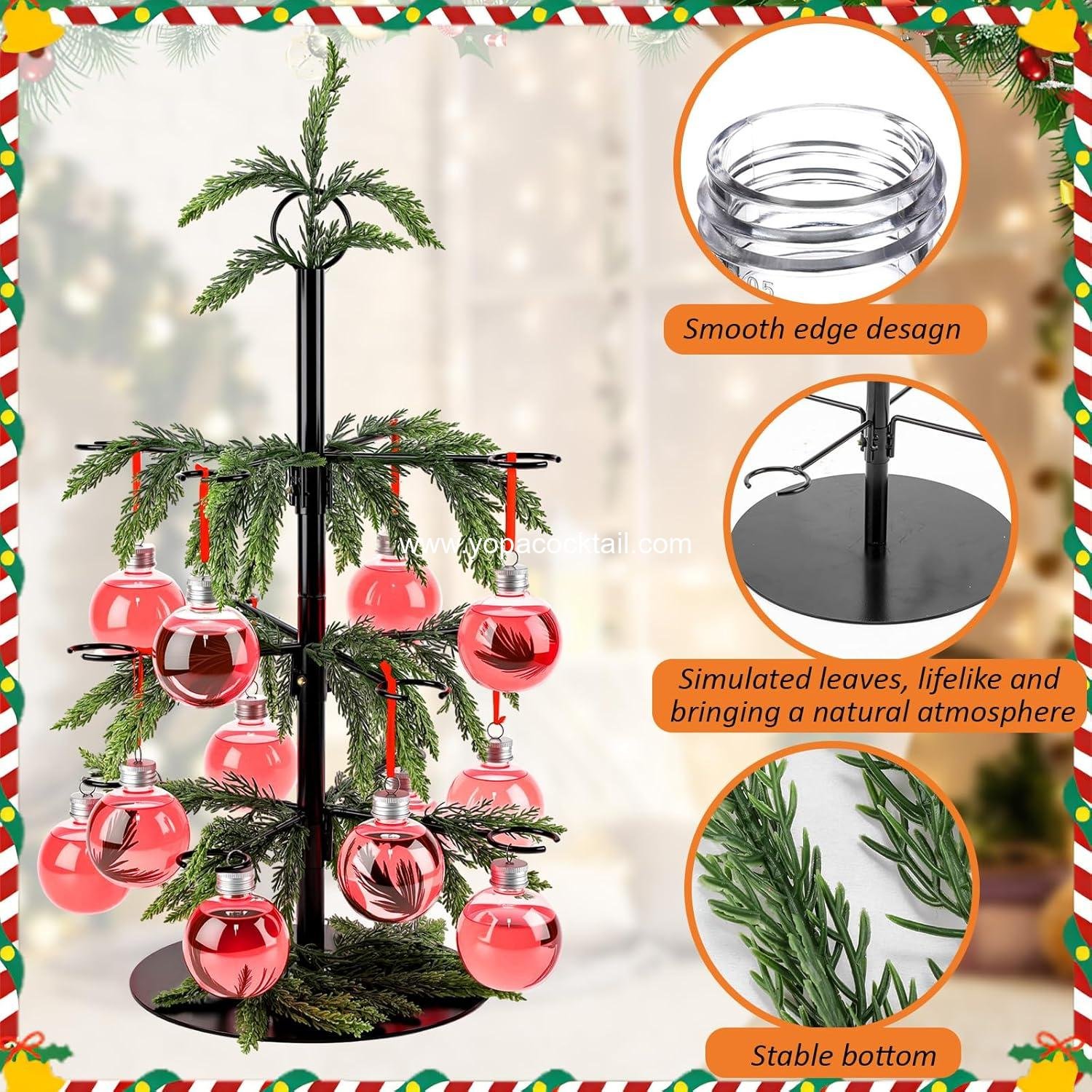 Wholesale 37 Pcs Christmas Cocktail Tree Stand for Drinks Champagne Tower Glass Holder with Plastic Drink Balls and Cypress Leaf Decorations, 3 Tier 12 Stands Bar Beverage Display for Xmas Party Supplier