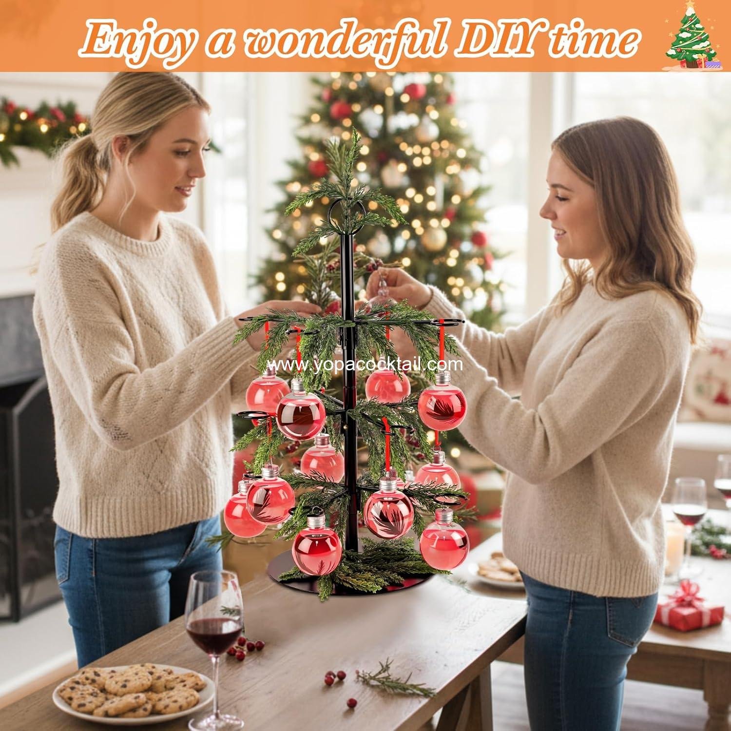 Wholesale 37 Pcs Christmas Cocktail Tree Stand for Drinks Champagne Tower Glass Holder with Plastic Drink Balls and Cypress Leaf Decorations, 3 Tier 12 Stands Bar Beverage Display for Xmas Party Supplier
