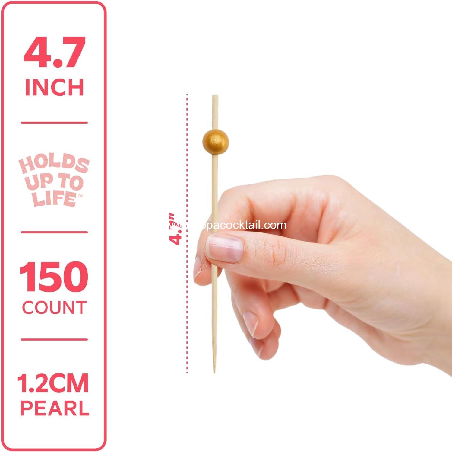Wholesale 150 Count Cocktail Skewers & Food Toothpicks - 4.7 Inch Wooden Fancy Picks for Appetizers & Drinks - Gold Pearl Toothpicks Manufacturer