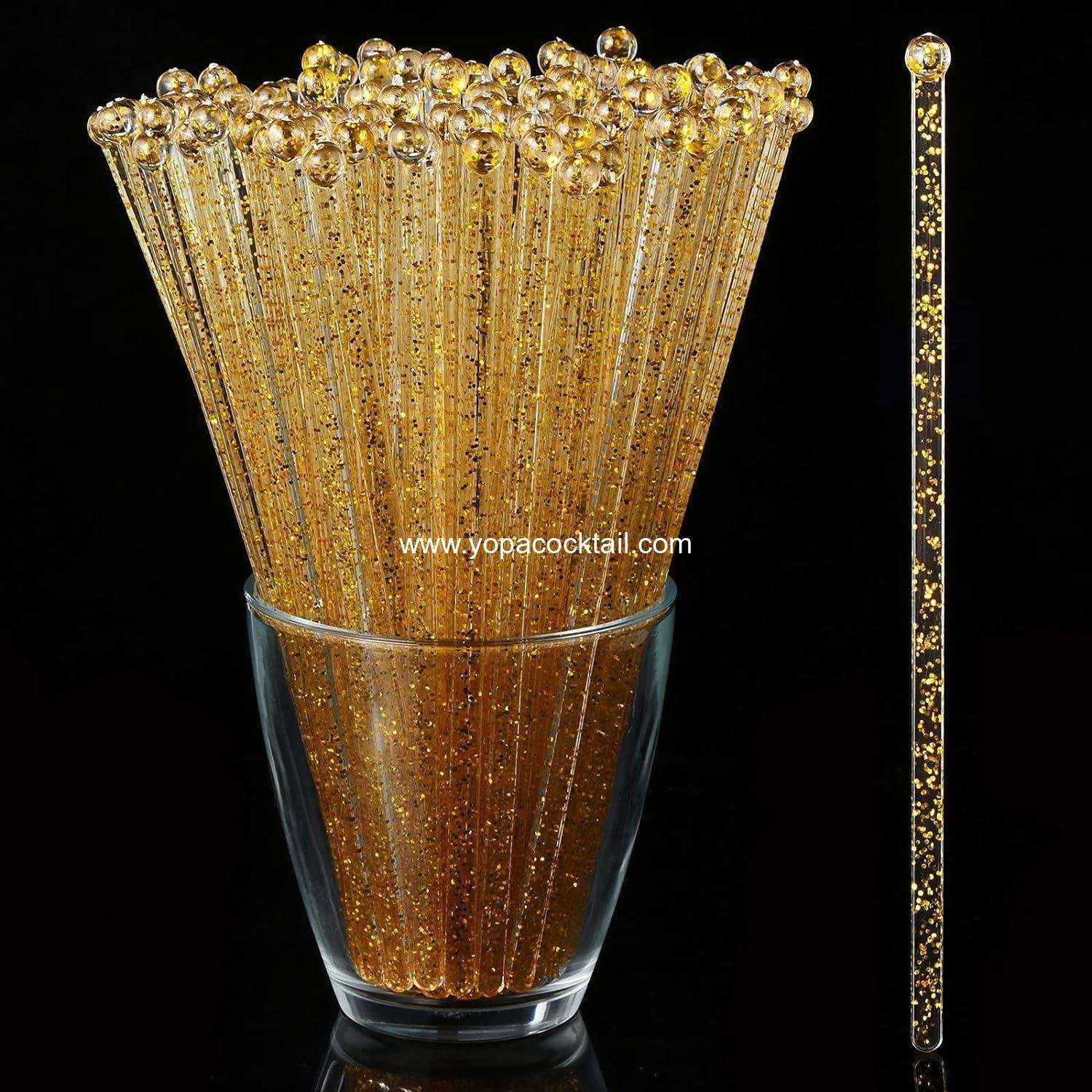 ALINK 50 Counts Gold Glitter Plastic Swizzle Sticks, Crystal Cake Pops, Cocktail Coffee Drink Stirrers, 7.24 Inch