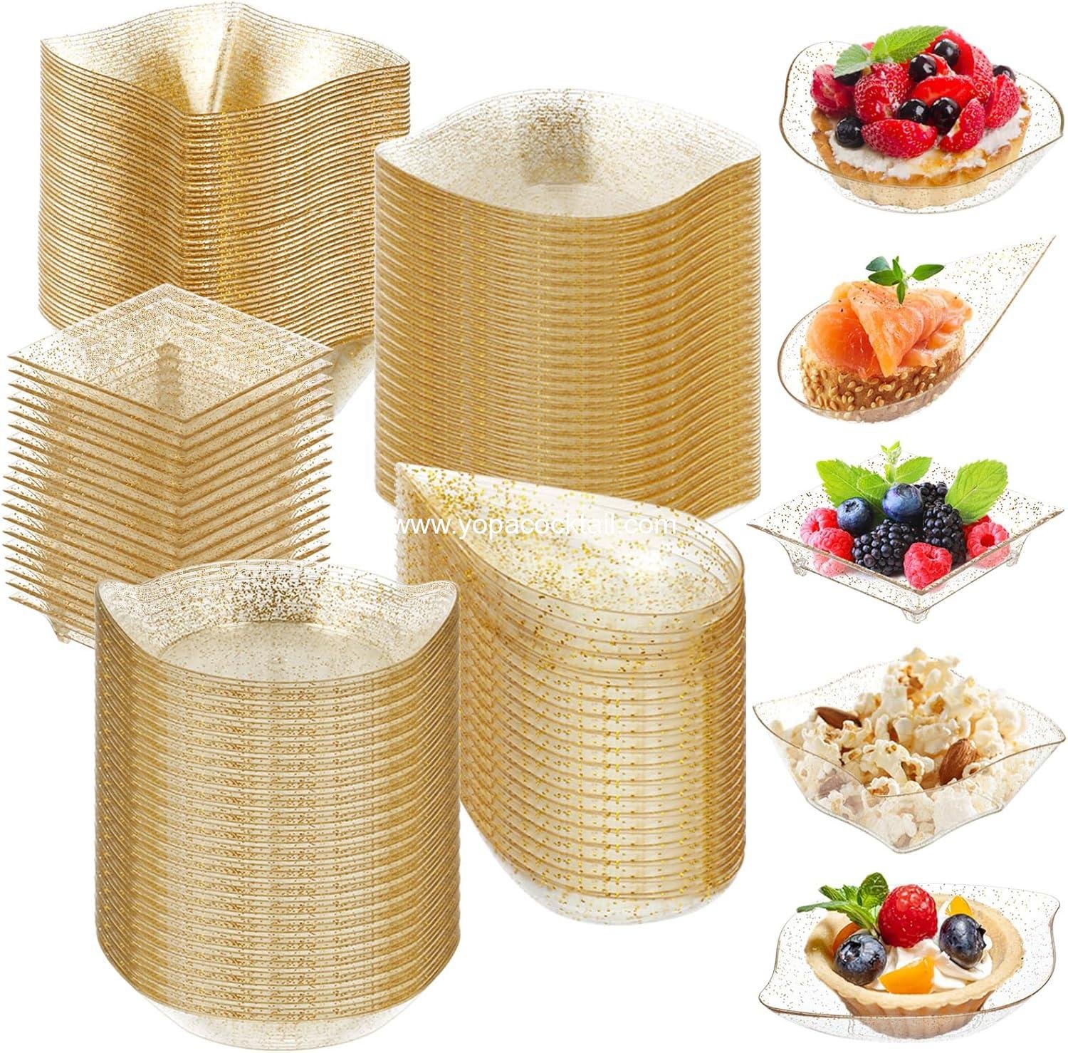 Tessco 100 Pcs Mini Dessert Plates Set, Disposable Appetizer Plates Assorted Shape Mini Plastic Spoons for Wedding Party Birthday(Gold)