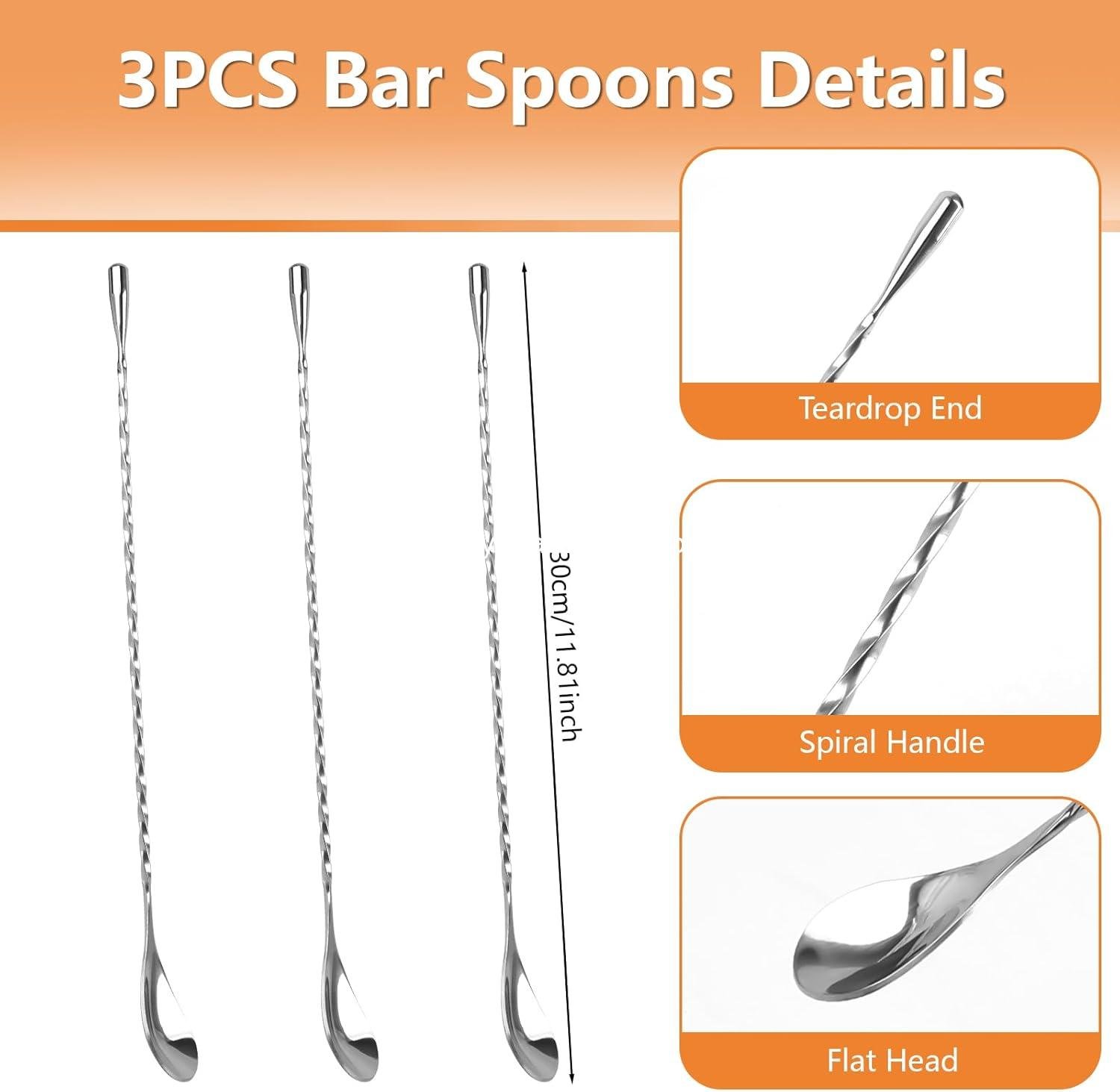 Wholesale 3 PCS Bar Spoon Set - 12 Inch Stainless Steel Cocktail Mixing Spoons with Spiral Pattern for Drinks, Coffee, Ice Cream, and Sundaes (Silver) Manufacturer