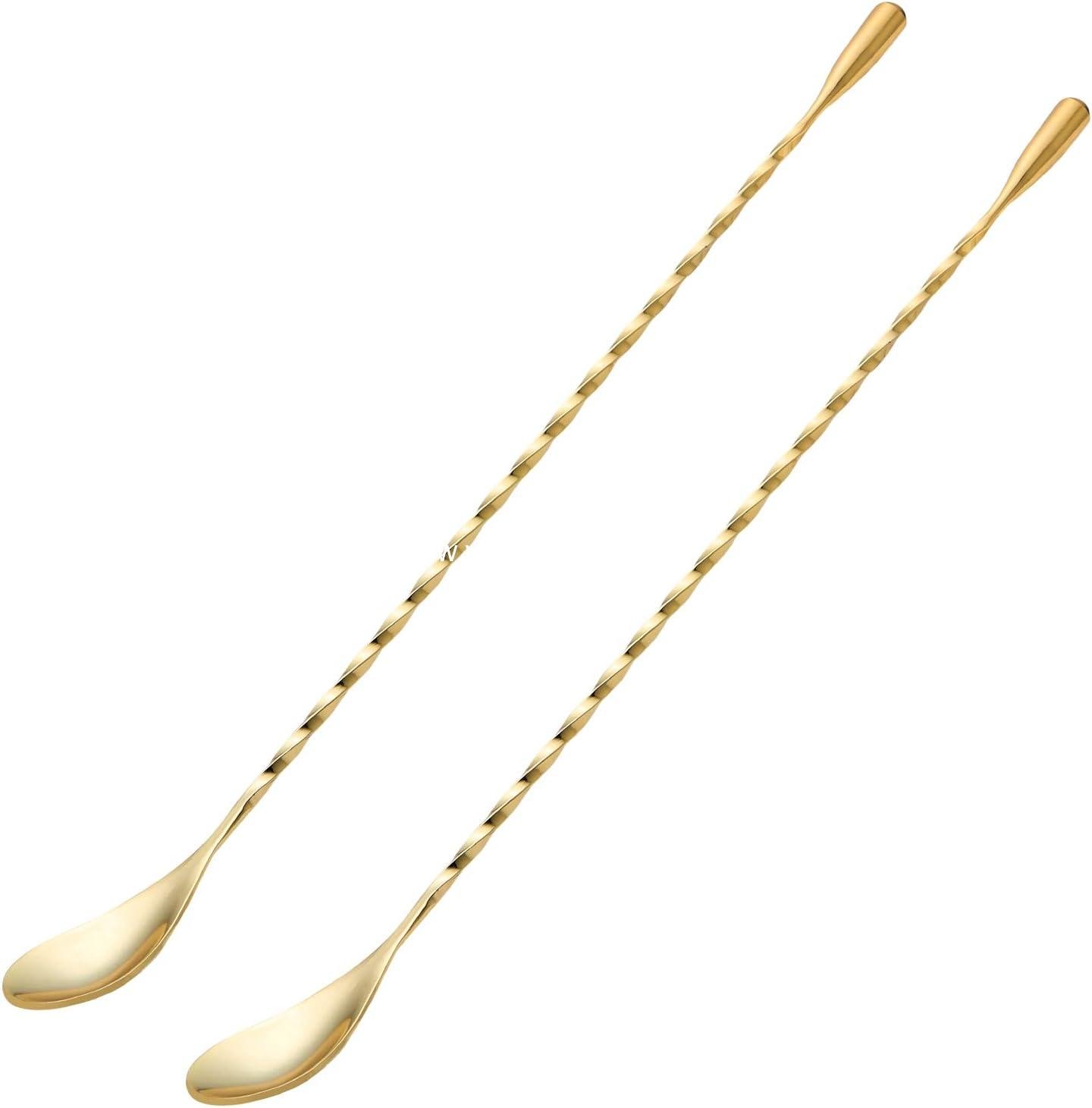 2 Pcs 12 Inches Bar Spoon, Long Handle Mixing Stirrers for Drink, Briout Stainless Steel Bar Cocktail Shaker Spoon, Gold