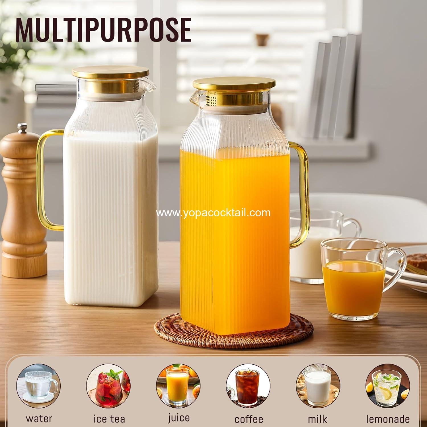 Wholesale 2 Pack 2L Square Glass Pitcher with Lid, Classic Stripes Water Jug with Handle for Iced Tea and Coffee, Borosilicate Carafe for Hot/Cold Brew Drinks, Supplier