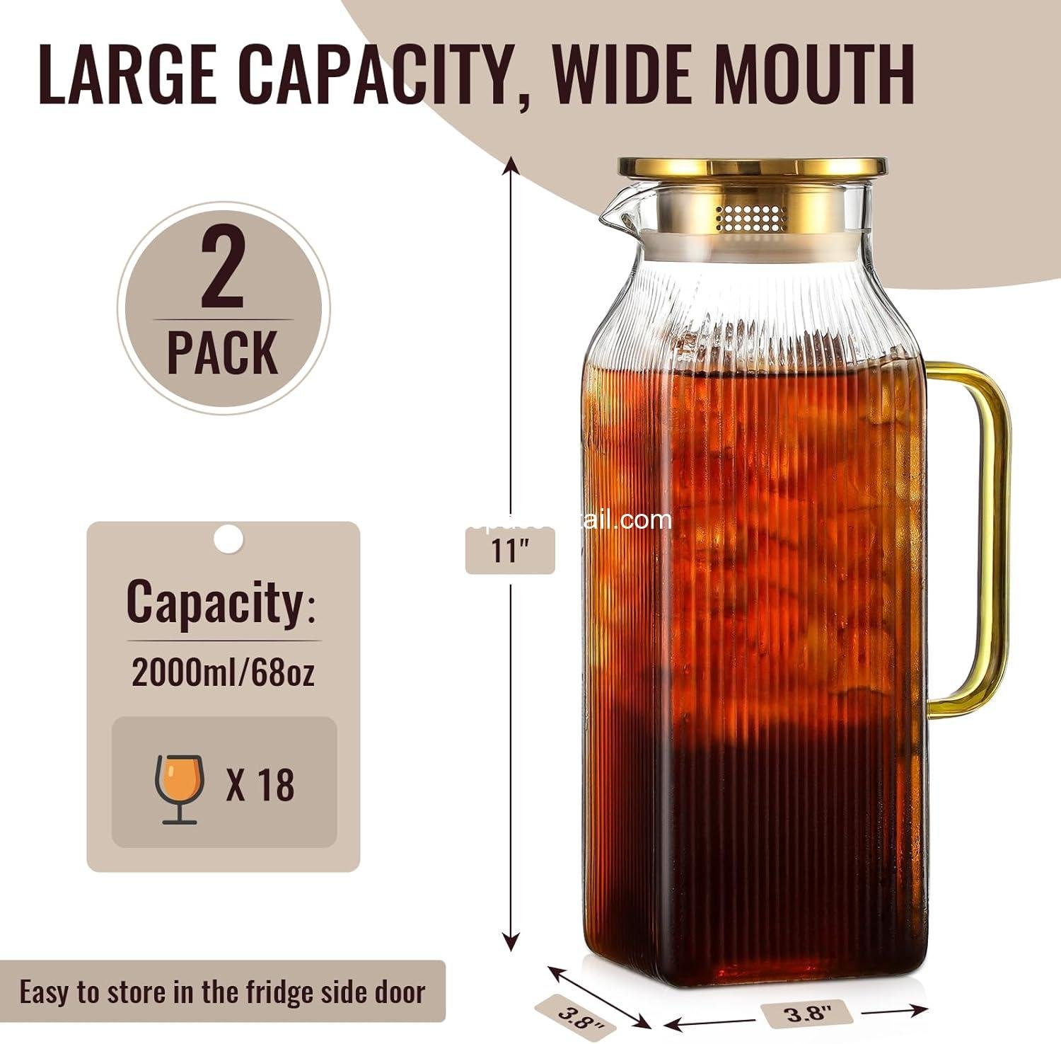 Wholesale 2 Pack 2L Square Glass Pitcher with Lid, Classic Stripes Water Jug with Handle for Iced Tea and Coffee, Borosilicate Carafe for Hot/Cold Brew Drinks, Supplier