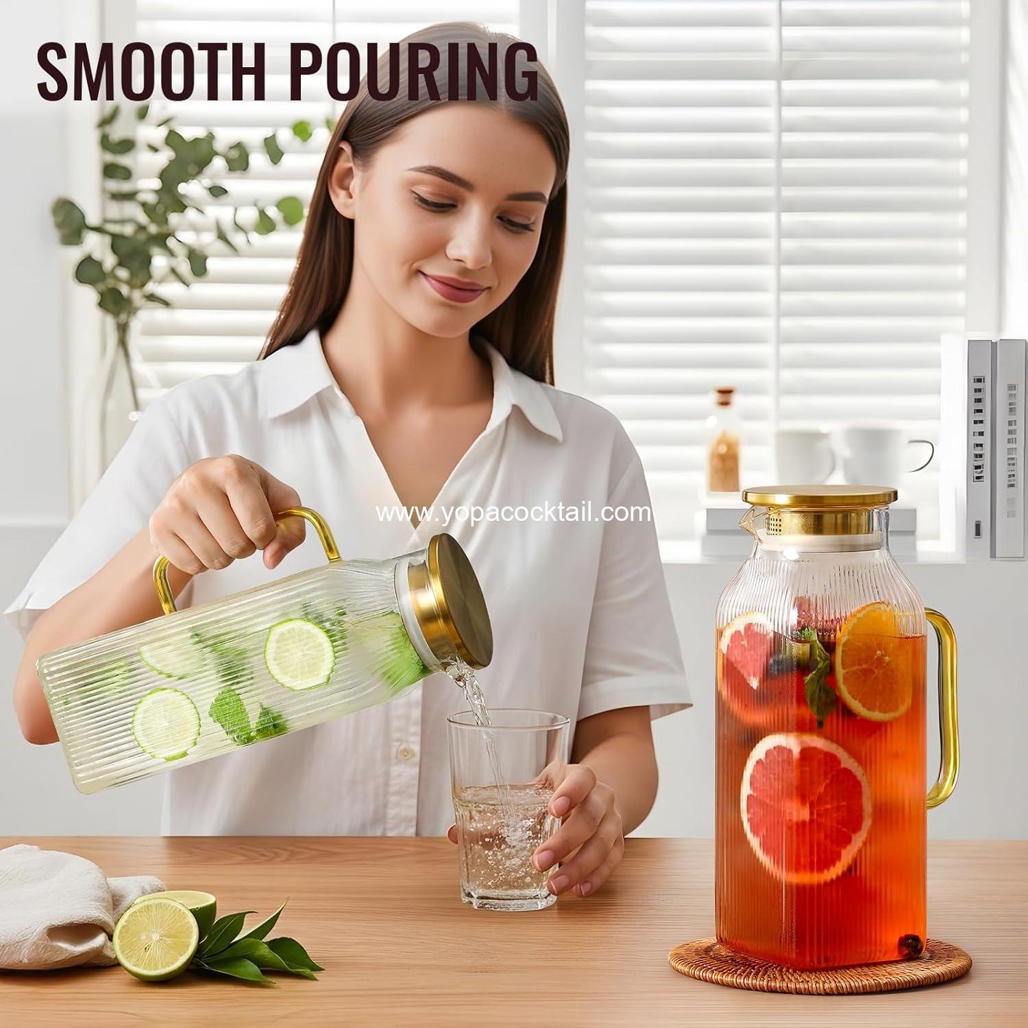 Wholesale 2 Pack 2L Square Glass Pitcher with Lid, Classic Stripes Water Jug with Handle for Iced Tea and Coffee, Borosilicate Carafe for Hot/Cold Brew Drinks, Supplier