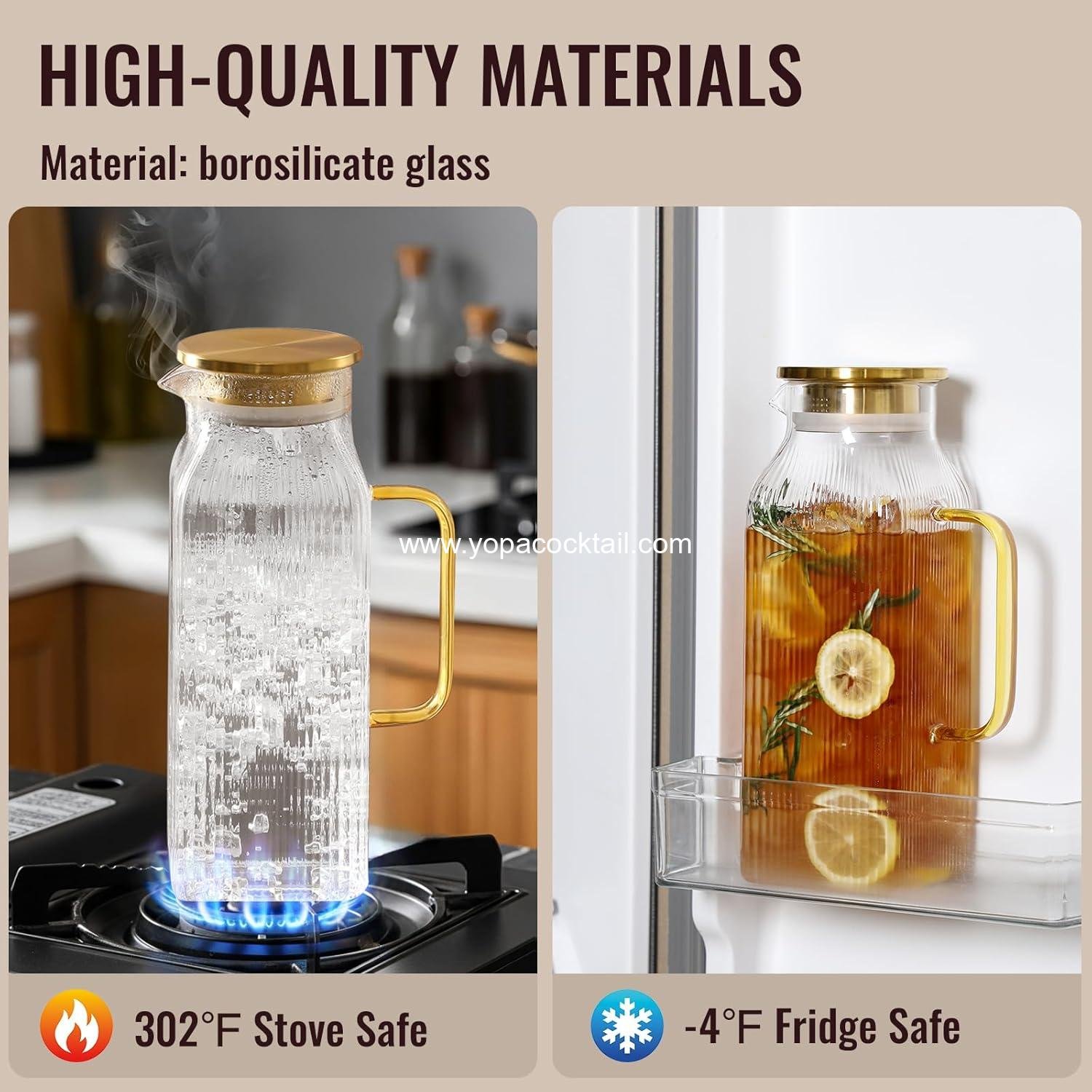 Wholesale 2 Pack 2L Square Glass Pitcher with Lid, Classic Stripes Water Jug with Handle for Iced Tea and Coffee, Borosilicate Carafe for Hot/Cold Brew Drinks, Supplier