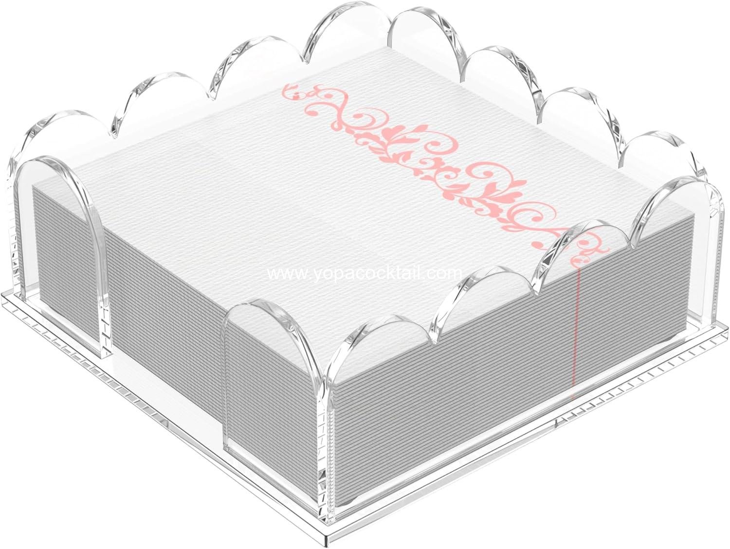 YAGELI Clear Acrylic Napkin Holder – Elegant Scalloped Tray for Cocktail, Bathroom, Kitchen & Dining – Flat Paper Towel & Disposable Napkin Organizer for Weddings, Bars, Hotels and Home(5.9x5.9in)