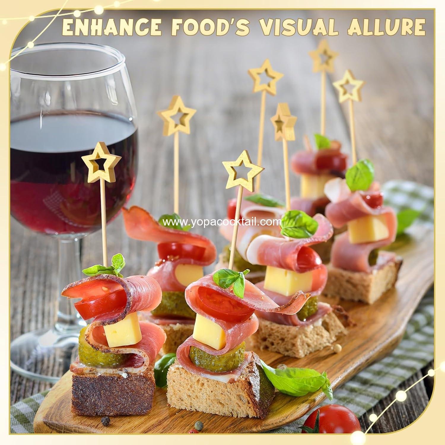 Wholesale 100PCS Gold Star Cocktail Picks, Decorative Fancy Toothpicks for Appetizers, 5.2 Inch Bamboo Skewers, Wooden Garnish Sticks for Drinks, Fruit Party Supplies, Charcuterie Board Accessories Supplier