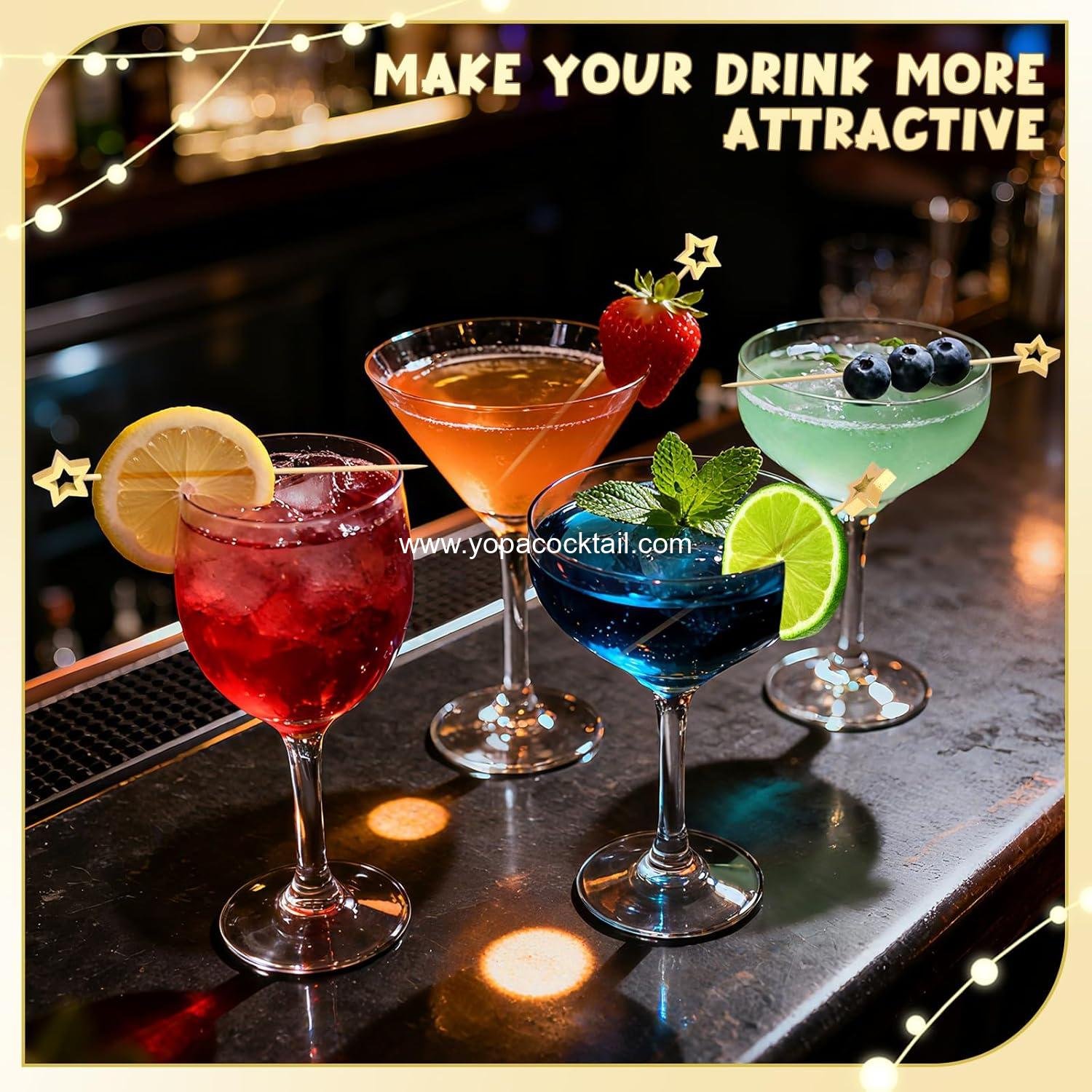 Wholesale 100PCS Gold Star Cocktail Picks, Decorative Fancy Toothpicks for Appetizers, 5.2 Inch Bamboo Skewers, Wooden Garnish Sticks for Drinks, Fruit Party Supplies, Charcuterie Board Accessories Supplier