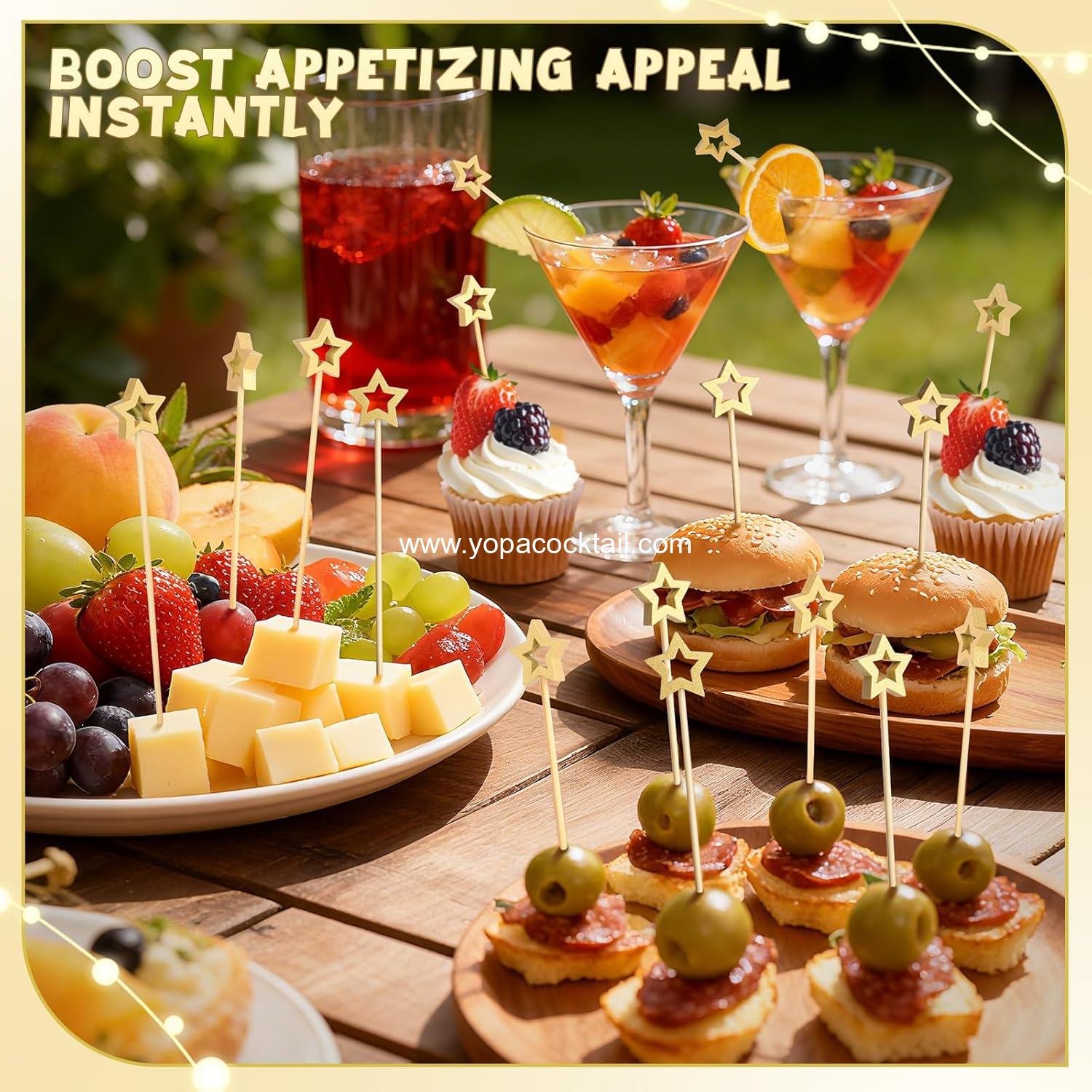 Wholesale 100PCS Gold Star Cocktail Picks, Decorative Fancy Toothpicks for Appetizers, 5.2 Inch Bamboo Skewers, Wooden Garnish Sticks for Drinks, Fruit Party Supplies, Charcuterie Board Accessories Supplier