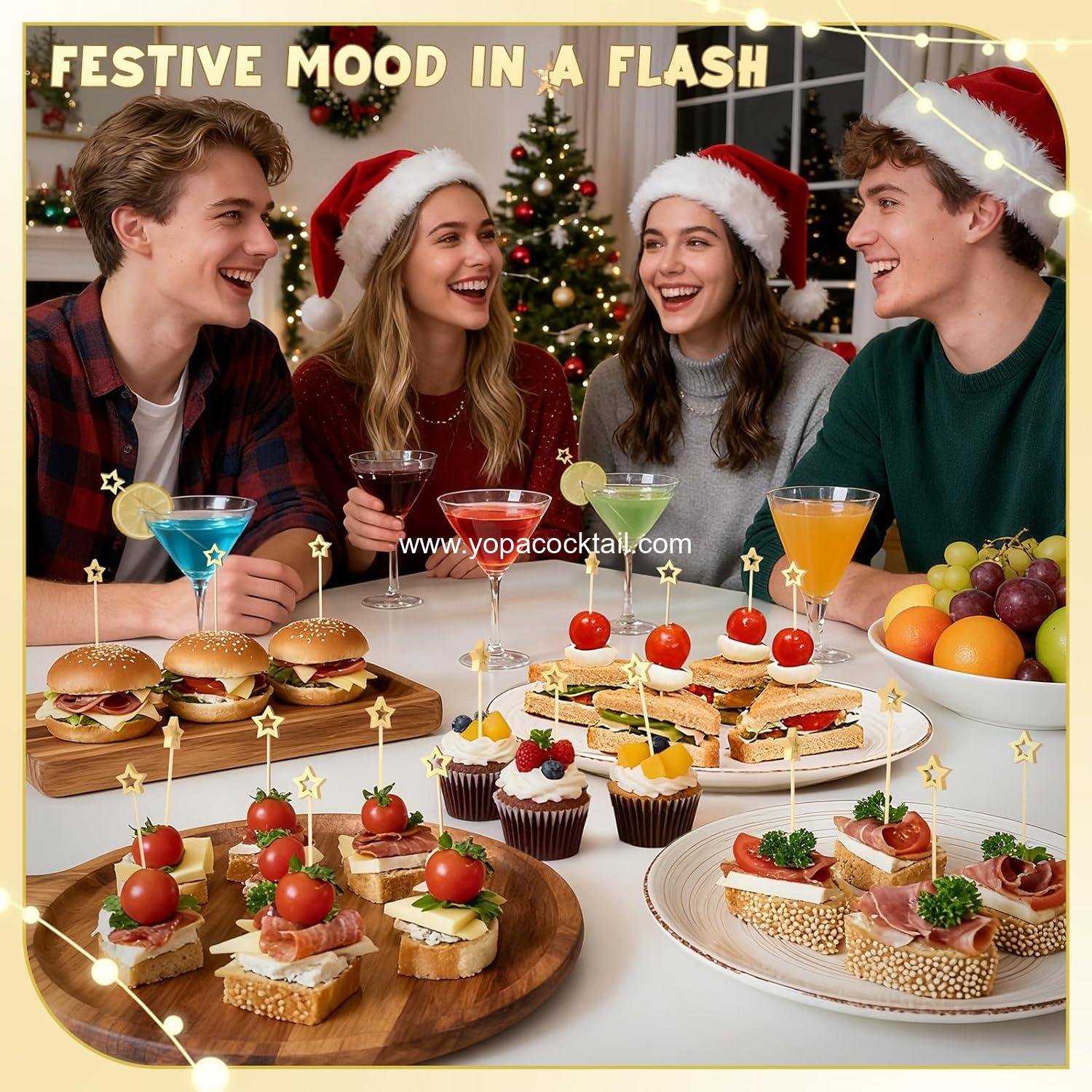 Wholesale 100PCS Gold Star Cocktail Picks, Decorative Fancy Toothpicks for Appetizers, 5.2 Inch Bamboo Skewers, Wooden Garnish Sticks for Drinks, Fruit Party Supplies, Charcuterie Board Accessories Supplier