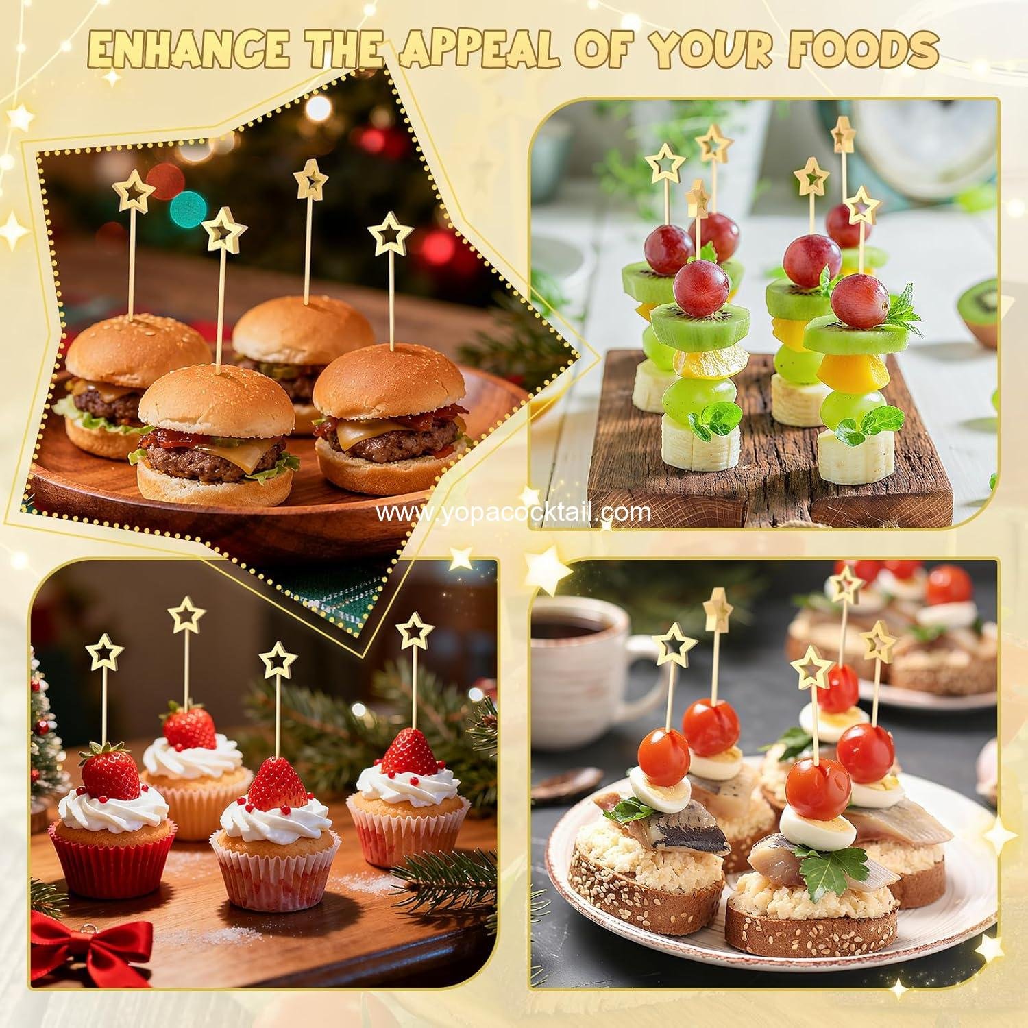 Wholesale 100PCS Gold Star Cocktail Picks, Decorative Fancy Toothpicks for Appetizers, 5.2 Inch Bamboo Skewers, Wooden Garnish Sticks for Drinks, Fruit Party Supplies, Charcuterie Board Accessories Supplier