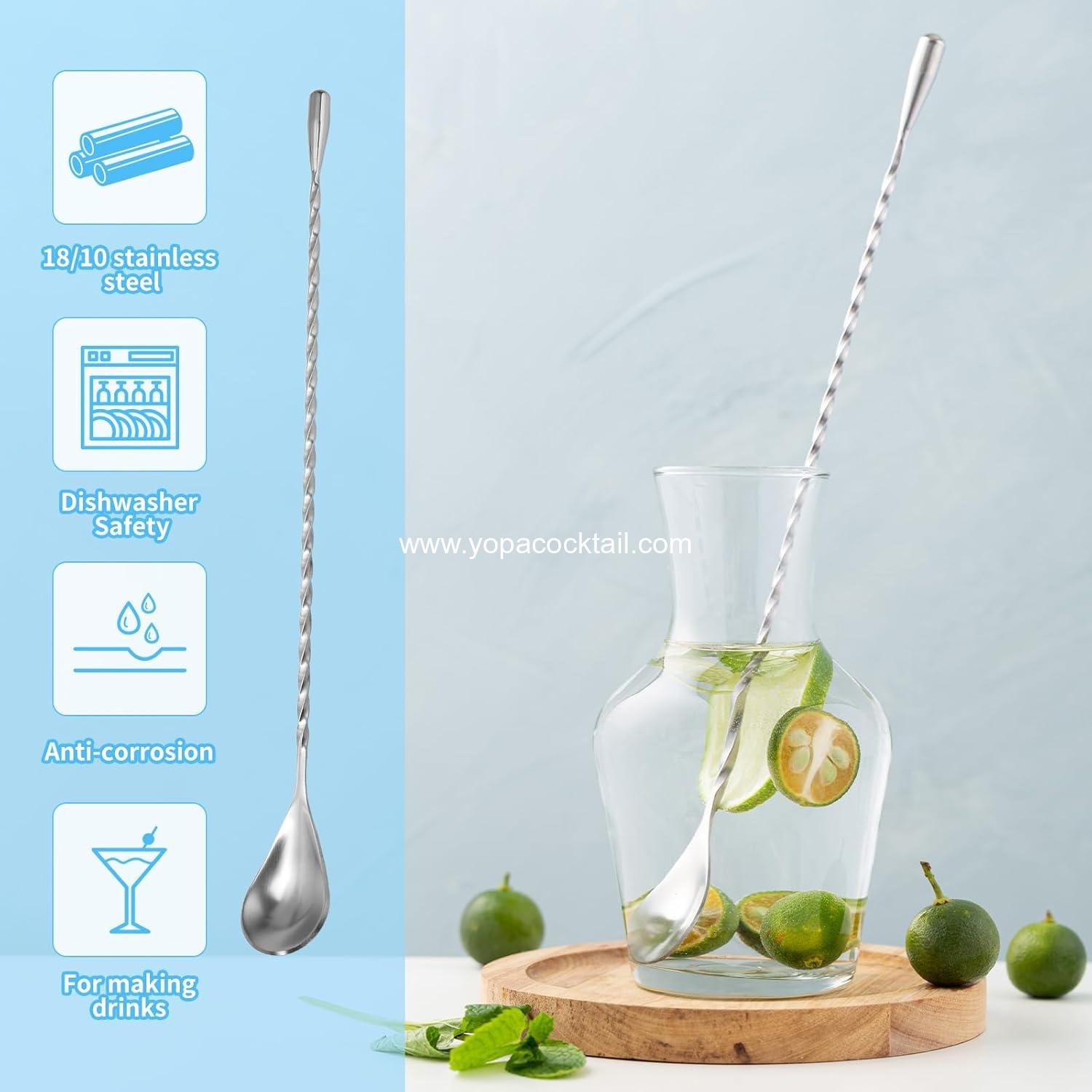 Wholesale 6 Pcs 12-Inch Stainless Steel Bar Mixing Cocktail Spoons with Spiral Pattern - Manufacturer