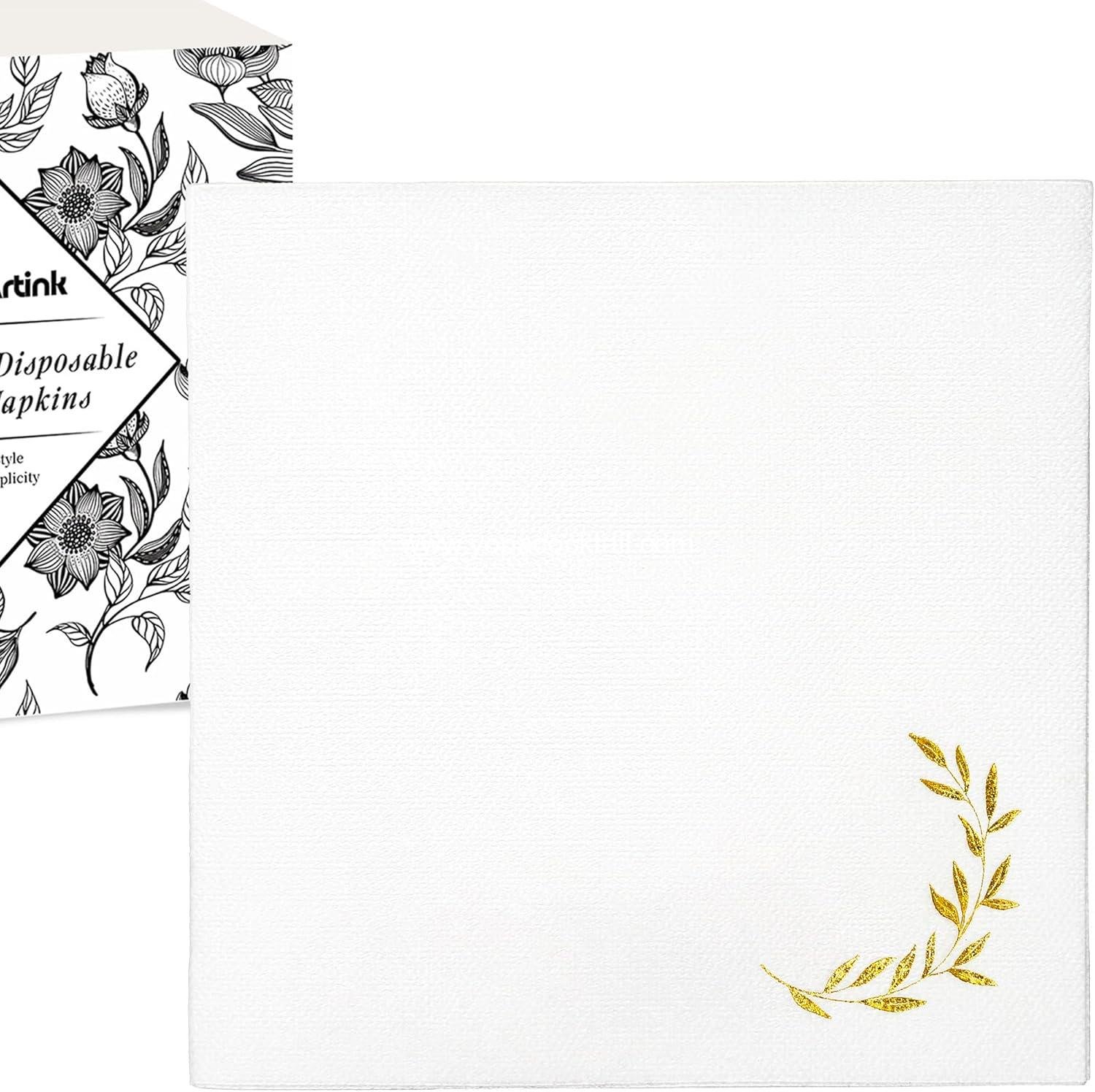 50 Linen-Feel Gold Foil Cocktail Paper Napkins, White and Gold Disposable Cloth-Like Beverage Napkin for Wedding, Anniversary, Birthday Party (5"x5" Fold, Pack of 50)
