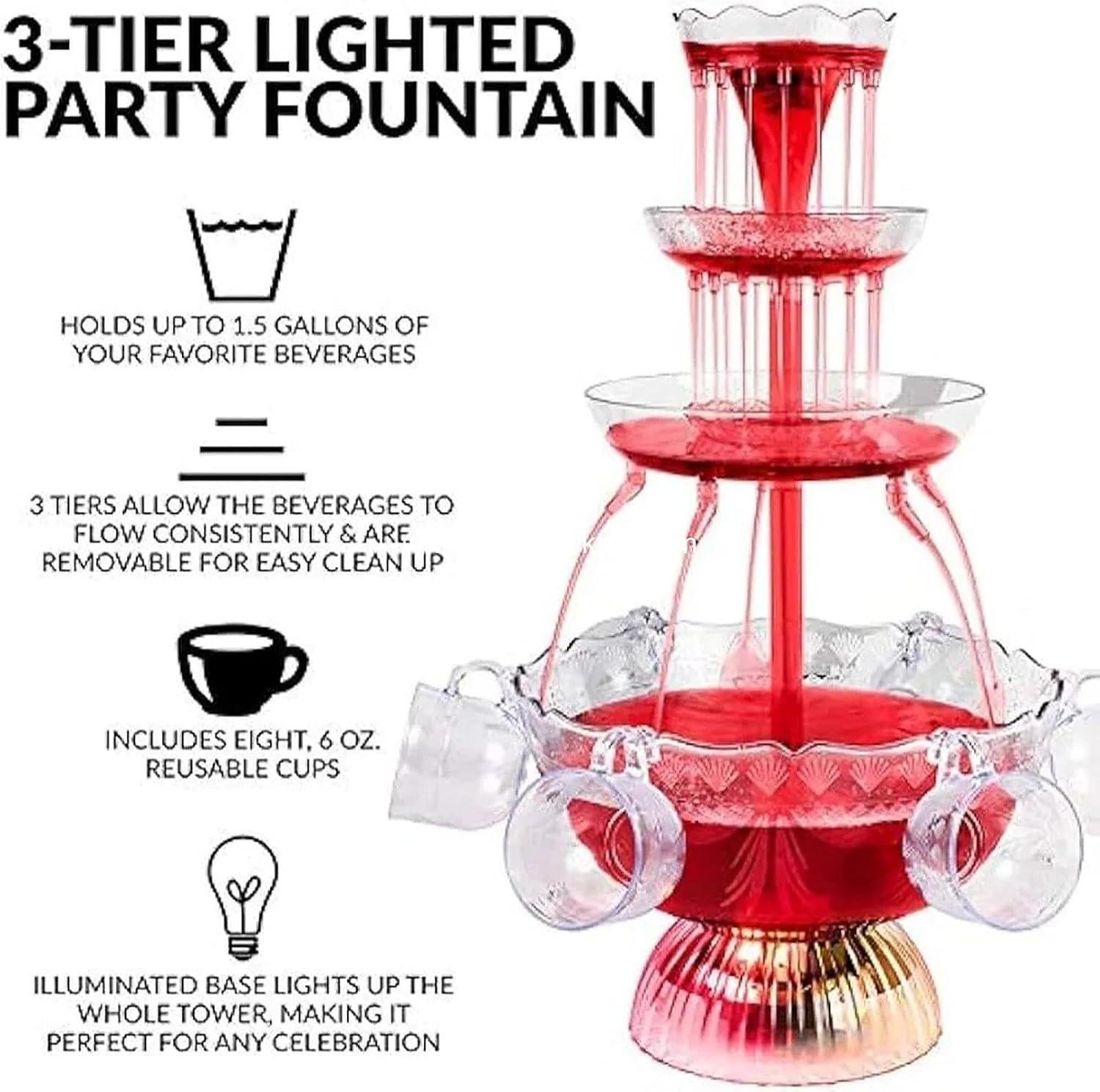 OEM 3-Tier Electric Fountain Drink Machine with LED Base, 1.5 Gallon Beverage Dispenser for Cocktails and Wine, Includes 5 Cups for Parties and Weddings - Supplier