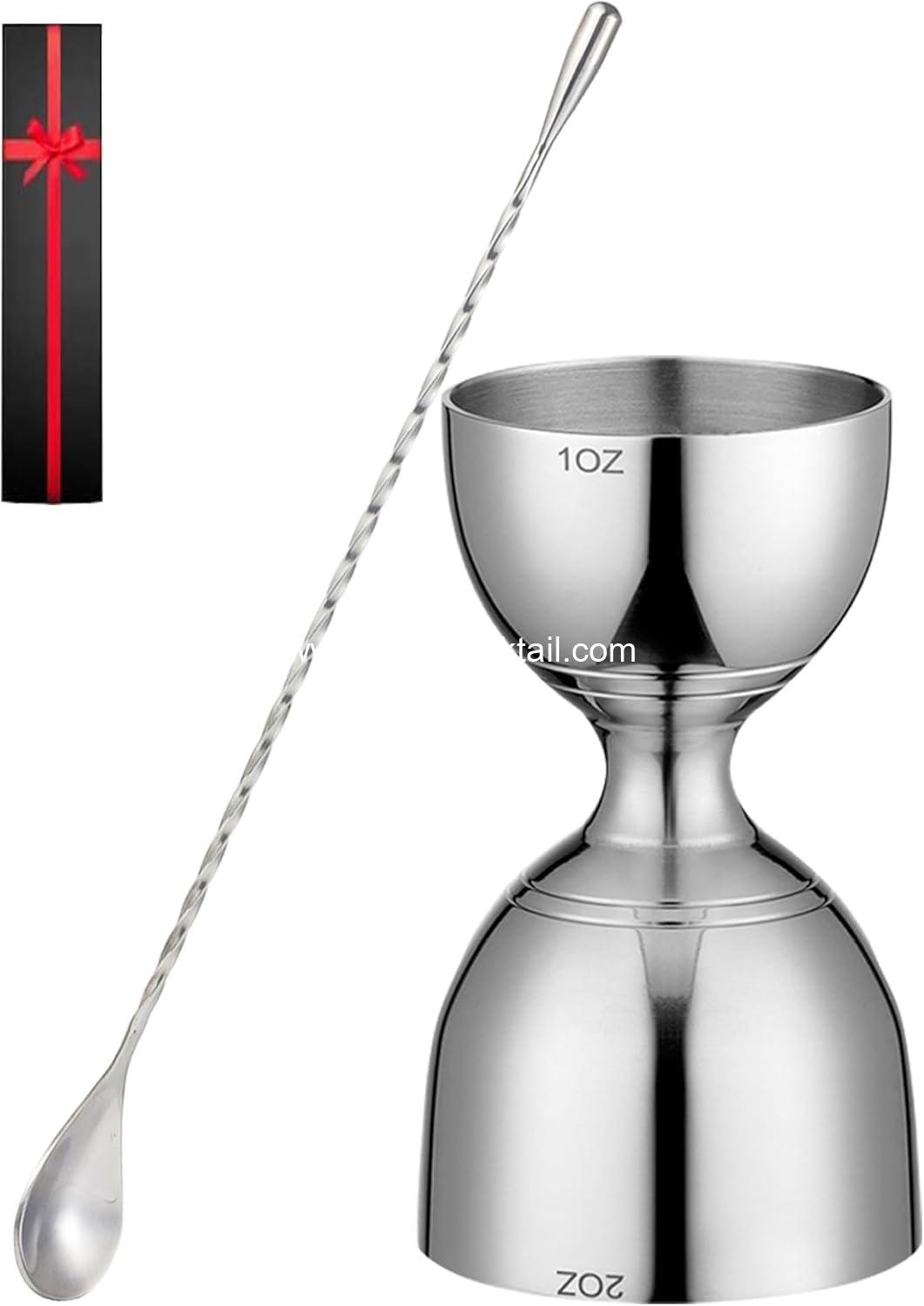 Bell Cocktail Jigger with Measuring Marks (1oz, 2oz) and Mixing Spoon - Bartender Set
