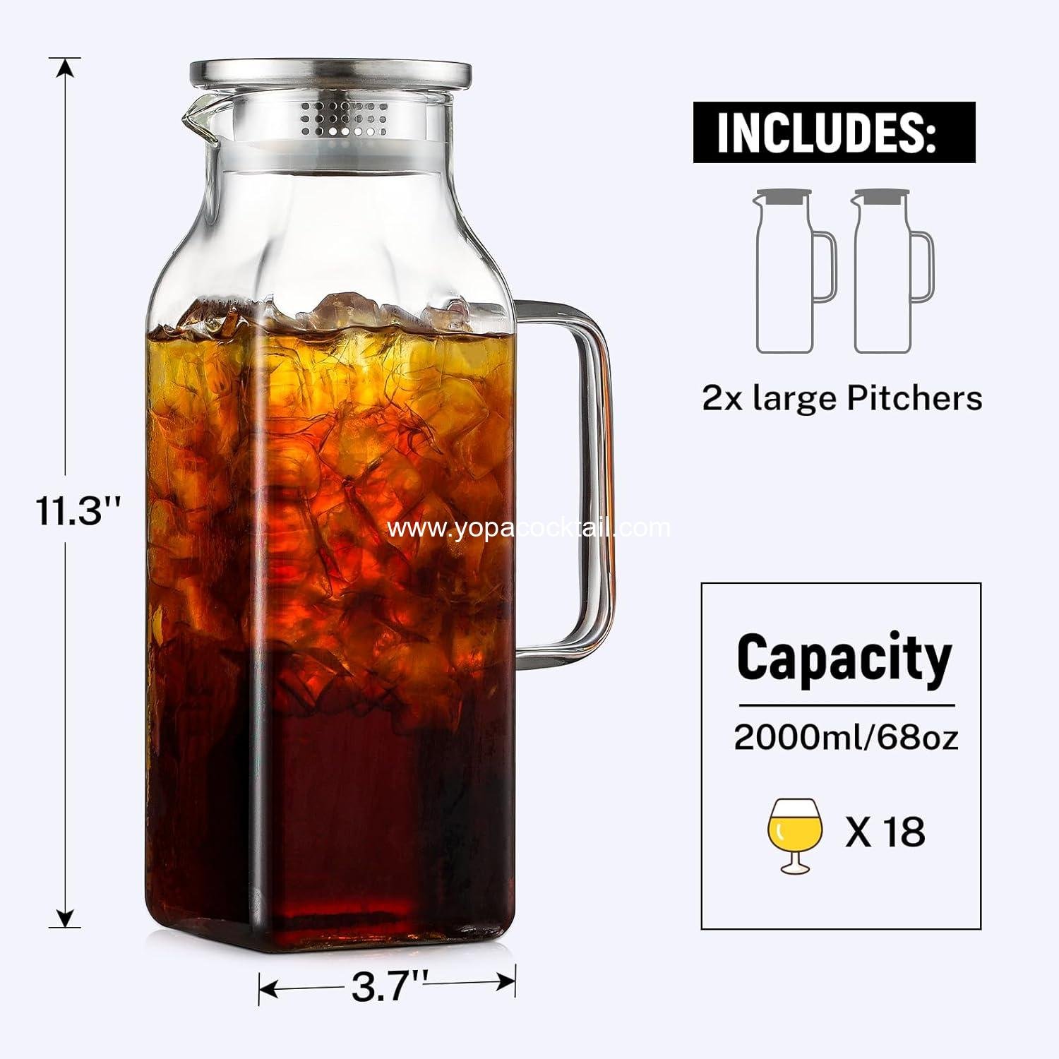 Wholesale 2 Pack 2 Liter Square Glass Pitcher with Lid and Handle for Fridge, Iced Tea and Coffee Carafe, Heat Resistant Borosilicate Water Jug for Hot Cold Drinks and Milk Supplier