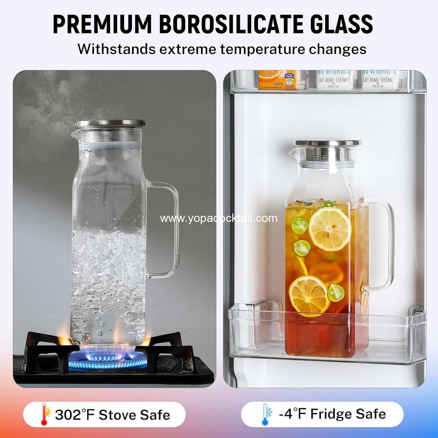 Wholesale 2 Pack 2 Liter Square Glass Pitcher with Lid and Handle for Fridge, Iced Tea and Coffee Carafe, Heat Resistant Borosilicate Water Jug for Hot Cold Drinks and Milk Supplier