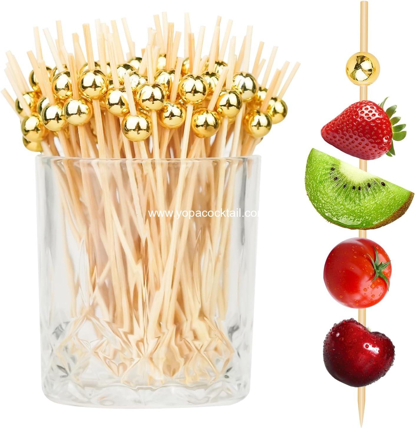 200PCS Cocktail Picks, Fancy Toothpicks for Appetizers, Decorative Skewers for Appetizers Drinks Party Fruit, 4.7 Inch Long Wooden Bamboo Gold Ball Food Sticks Charcuterie Boards Accessories