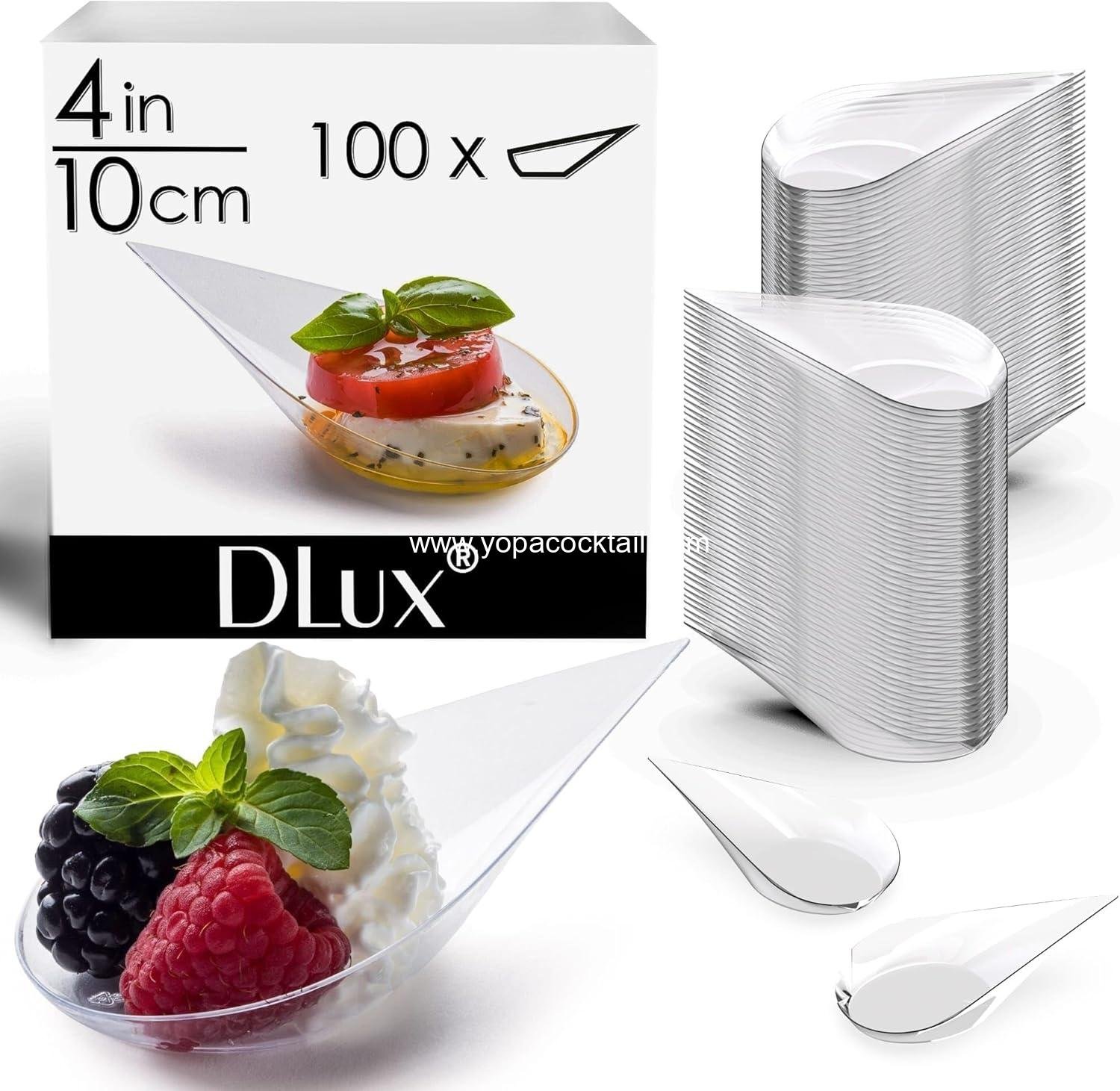 Wholesale 100 Count 4-in-1 Tear Drop Mini Appetizer Plates with Clear Plastic Spoons - Small Catering Dessert Tasting Cups - Ideal for Desserts and Appetizers - Includes Recipe Ebook - Supplier