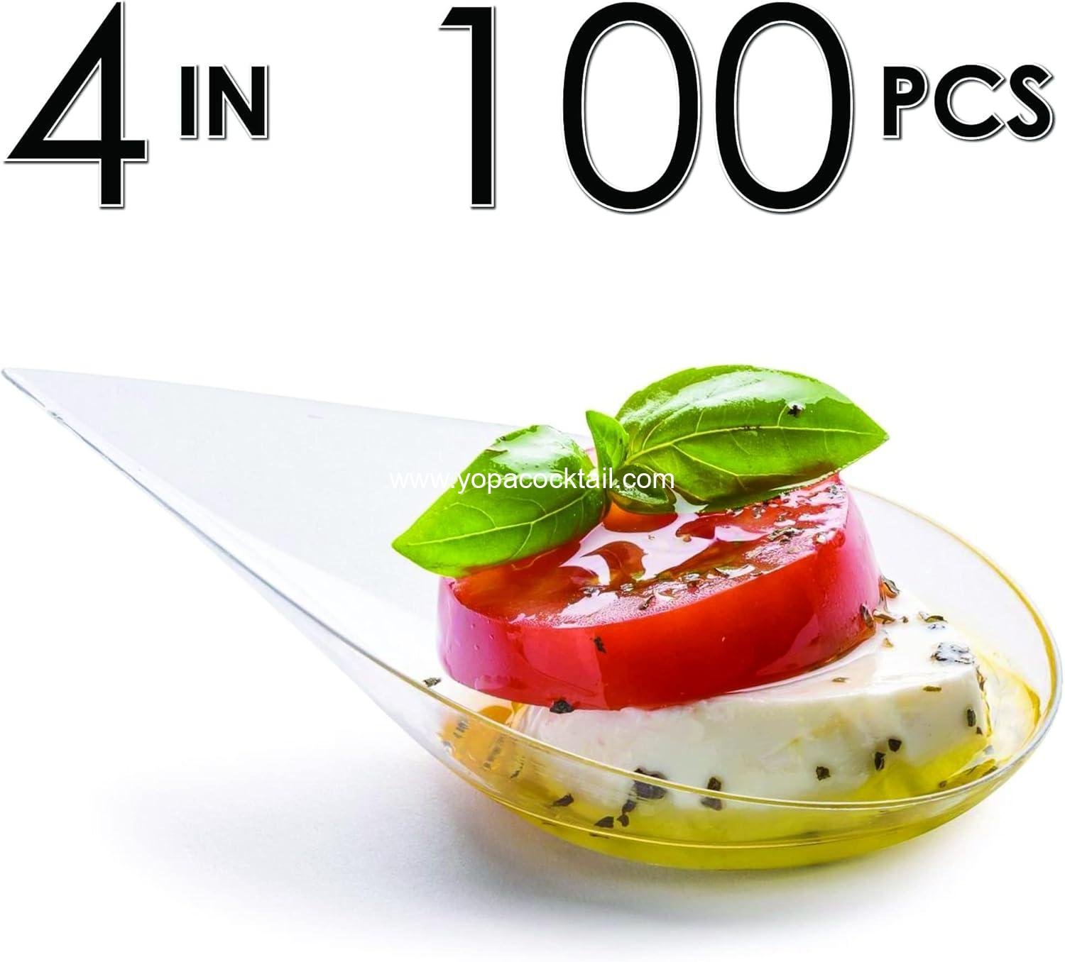 Wholesale 100 Count 4-in-1 Tear Drop Mini Appetizer Plates with Clear Plastic Spoons - Small Catering Dessert Tasting Cups - Ideal for Desserts and Appetizers - Includes Recipe Ebook - Supplier